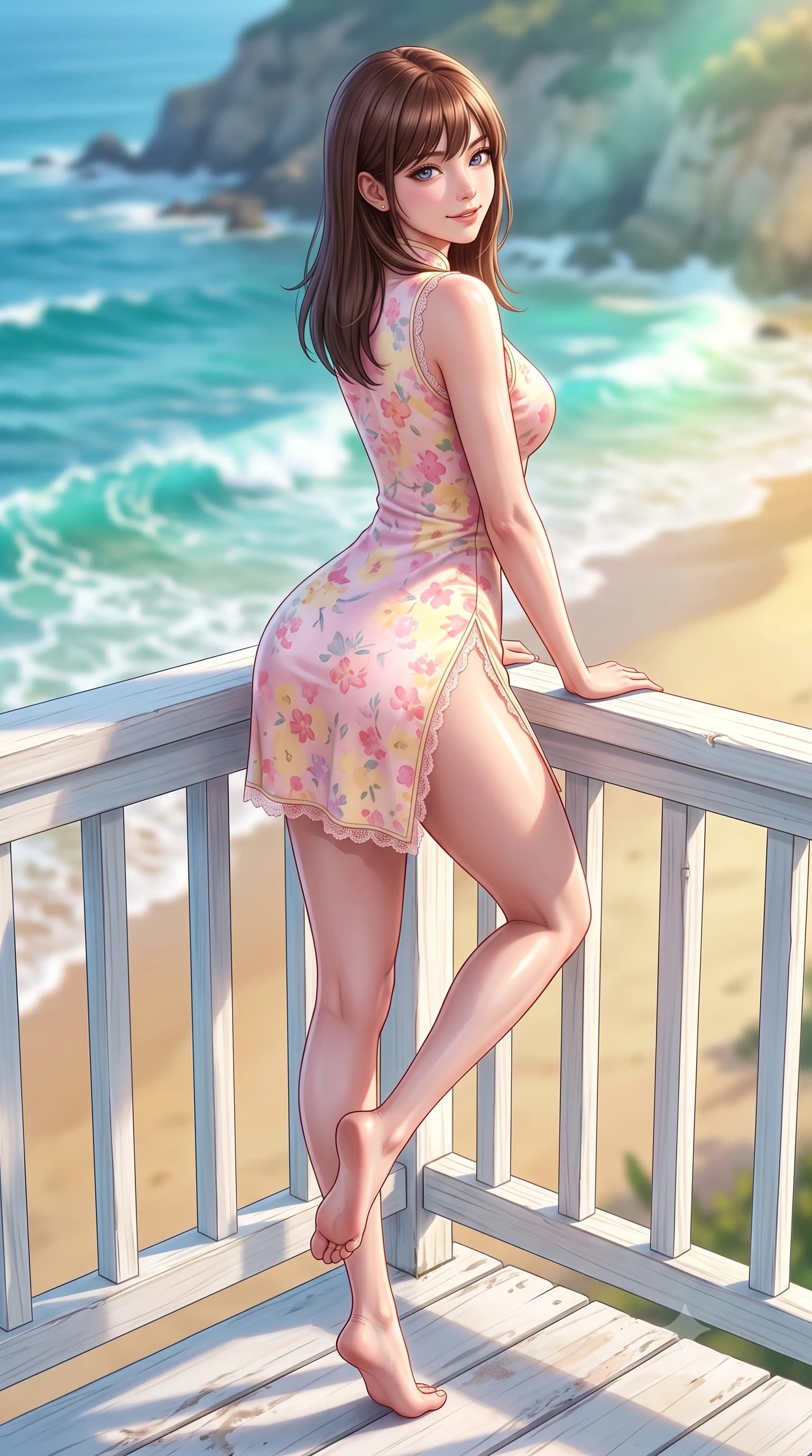 score_9, masterpiece, best quality, ultra-detailed, high-budget anime keyframe, semi-realistic 3D game render, editorial fashion photography, tasteful artistic composition, Korean woman. low angle full-body shot from head to toe showing her feet, filling the entire 9:16 vertical frame with her statuesque presence, stretching her vertical silhouette. posing with back turned slightly to the lens, glancing back with an enchanting, playful smile as she arches her lower back to emphasize her sculpted feminine hips and slender waist while perching on the white timber railing of a beachfront cottage deck, arching her back as turquoise Pacific waves lap gently onto golden sand. The composition keeps background elements in soft focus with dreamy creamy bokeh. crashing Pacific turquoise waves, golden sand beaches, and coastal sea cliffs blurred into radiant aquamarine, gold, and seafoam bokeh. She has an exceptionally tall and slender model-like 8.5-heads proportion, an ultra-slim waist, a flat toned midriff, narrow delicate ribcage, and beautifully sculpted feminine hips creating a graceful, slim hourglass silhouette without any bulky heaviness, with impossibly long slender legs. sharp v-shaped jawline, high-bridge nose, intricate jewel-like sparkling eyes with depth, thick eyelashes, glossy parted lips with a natural peach sheen, bright cheerful beaming smile with an enchanting and coquettish sensual glint, exuding both youthful cute charm and seductive allure, flawlessly proportioned anatomical accuracy, strict slender model proportions, natural body alignment, perfectly sculpted long slender limbs, ultra-slim waistline, clean dynamic posture without body distortion. wearing a modern cute qipao mini dress with double side slits ascending to the hip in pastel floral silk in sweet strawberry milk pink and butter yellow, crafted from soft cozy cashmere yarn with an airy drape, finished with delicate lace scallop edging along the neckline, the form-contouring cut accentuating her sculpted flat midriff, narrow delicate ribcage, and gracefully curvy hips with supermodel precision. illuminated by intense specular sea foam reflections sharply sculpting her razor-sharp jawline, narrow waist, and curvy hips. highly saturated vibrant anime colors, detailed shading with soft gradients, rich glossy textures, high-contrast stereoscopic depth, volumetric dynamic lighting, master piece, 9:16 ratio