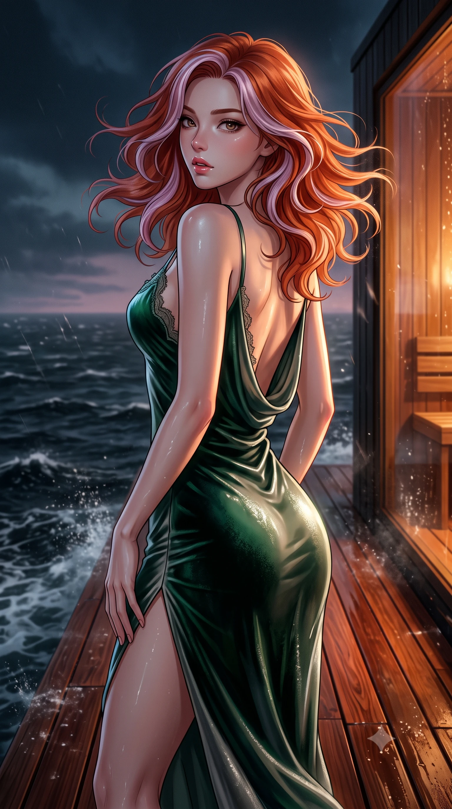 score_9, masterpiece, best quality, ultra-detailed, high-budget anime keyframe, editorial fashion photography, tasteful artistic composition, Caucasian woman. close-up cowboy shot from the waist and thighs up, the character dominates the composition, filling the frame with her large presence. posing in an alluring rear three-quarter angle, looking over a bare shoulder with parted glossy lips, her hips cocked back to highlight her slim hourglass curve while standing poised on the aromatic red cedar deck cantilevered over the foaming Arctic ocean, arching her spine with wet-look siren charisma as sea breezes toss her hair. The surrounding environment is rendered in vivid detail and crisp panoramic clarity: detailed garment cut, wet cling or tailored fit, and minimalist Scandinavian craft in high resolution. She has an exceptionally elegant, slender, and willowy female figure with an ultra-slim waist, flat toned midriff, narrow ribcage, and sculpted feminine hips creating an alluring, slim hourglass silhouette without bulk. sharp v-shaped jawline, high-bridge nose, intricate jewel-like sparkling eyes with depth, thick eyelashes, glossy parted lips with a natural peach sheen, bright cheerful beaming smile with an enchanting and coquettish sensual glint, exuding both youthful cute charm and seductive allure, flawlessly proportioned anatomical accuracy, strict slender model proportions, natural body alignment, perfectly sculpted long slender limbs, ultra-slim waistline, clean dynamic posture without body distortion. wearing a form-contouring gossamer silk chiffon slip dress with a hip-high slit and open cowl back clinging with dewy moisture in Art Nouveau malachite green and antique starlight silver, tailored from ultra-plush silk velvet with rich tactile depth and deep shadow gradients, finished with scalloped eyelash lace trim framing her sweetheart neckline with intimate elegance, the form-contouring silhouette accentuating her sculpted flat midriff, narrow delicate ribcage, and gracefully curvy hips with intoxicating allure. bathed in warm 2200K interior sauna amber glows spilling through glass mixed with cool Arctic twilight. ultra-reflective glossy finish, specular highlights, rich textural contrasts, high-contrast stereoscopic depth, volumetric dynamic lighting, 2k, ultra detail, master piece, 9:16 ratio