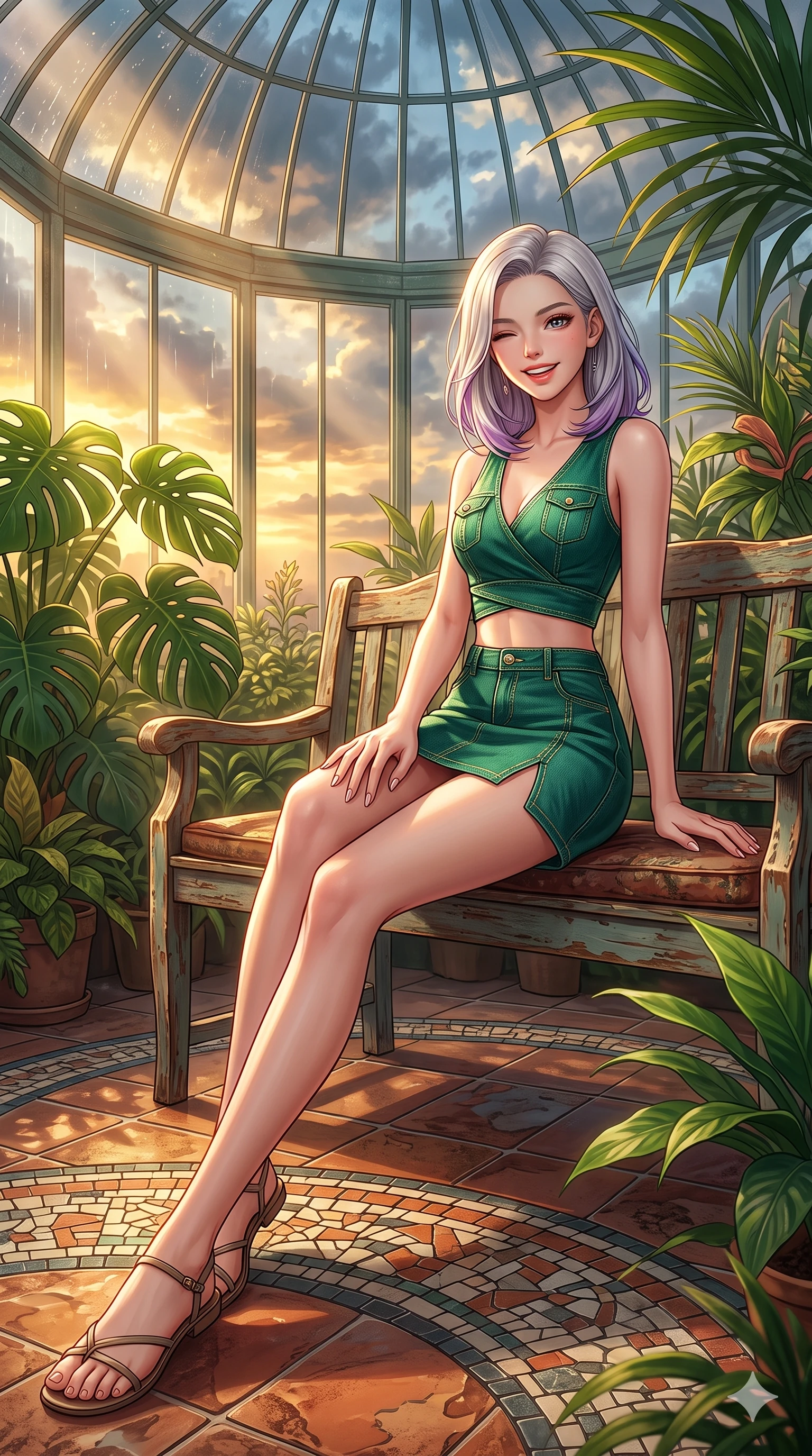 score_9, masterpiece, best quality, ultra-detailed, high-budget anime keyframe, vibrant anime aesthetic, Caucasian woman, strictly human ears. low angle full-body shot from head to toe showing her feet, filling the entire 9:16 vertical frame with her statuesque presence, stretching her vertical silhouette. She is sitting on a vintage bench, winking with a playful and bright expression, her eyes shining with genuine joy under the glass conservatory dome. inside a luxury penthouse conservatory with a panoramic glass wall showing rain clouds parting for a golden sunset (Code-P22-060). She has an absolutely perfect 8-heads proportion, an exceptionally tall and slender female figure with impossibly long slender legs and an ultra-slim waist. V-shaped jawline, high-bridge nose, intricate jewel-like eyes with depth, thick eyelashes, glossy lips with a natural sheen. wearing a cropped wrap top and a matching denim skirt with a refined side vent in emerald green. She is drenched in warm, golden afternoon sunbeams filtering through dense green monstera leaves, creating a cinematic, high-budget anime lighting effect in the cozy indoor garden. 2k, ultra detail, master piece, 9:16 ratio