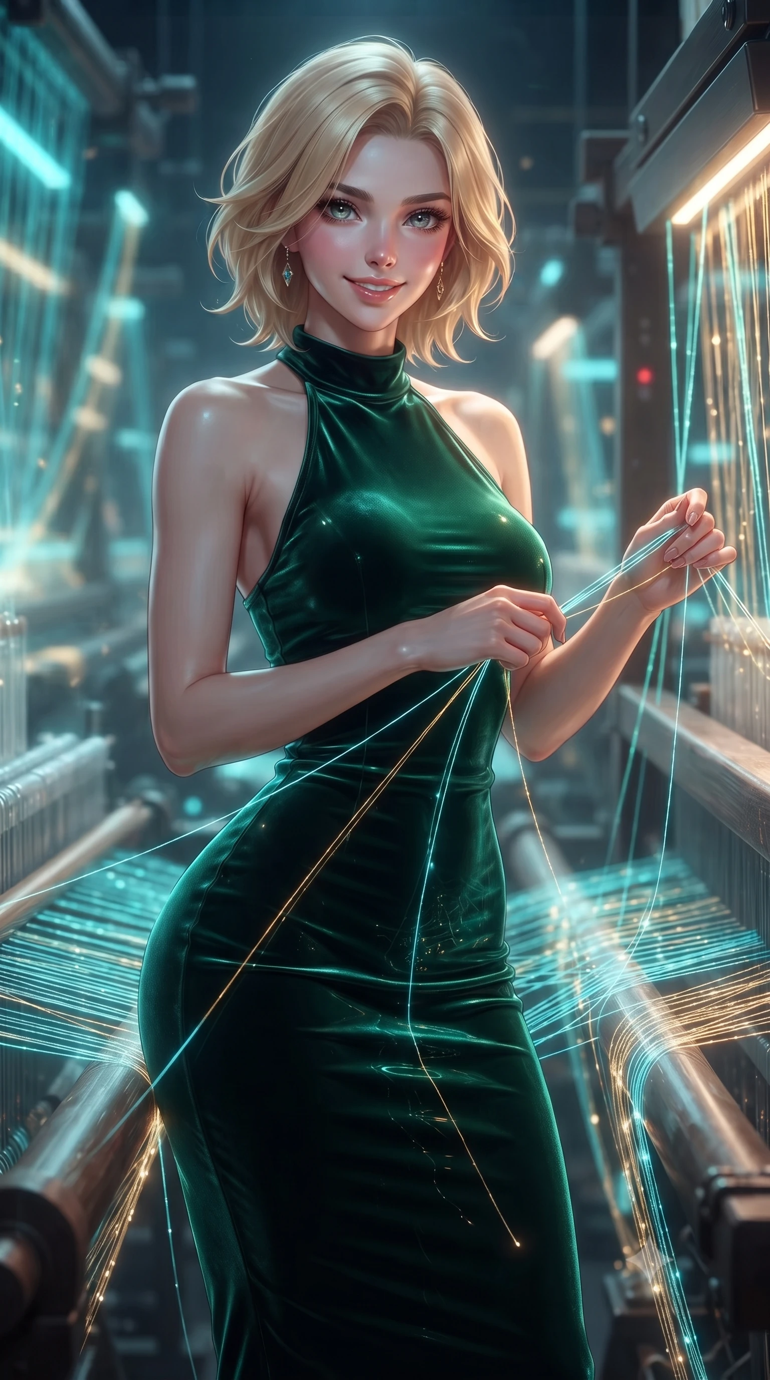 score_9, masterpiece, best quality, ultra-detailed, high-budget anime keyframe, editorial fashion photography, tasteful artistic composition, Caucasian woman. close-up cowboy shot from the waist and thighs up, the character dominates the composition, filling the frame with her large presence, background elements kept in soft focus. Smiling with quiet, magnetic self-assurance directly into the lens threading fluorescent fiber optic lines on a massive 3D light loom, fine light patterns reflecting off glossy surfaces on her outfit. She has an exceptionally elegant, slender, and willowy female figure with an ultra-slim waist, a gracefully sculpted slender torso, and a refined silhouette. sharp v-shaped jawline, high-bridge nose, intricate jewel-like eyes with depth, thick eyelashes, glossy lips with a natural sheen. wearing a velvet halter-neck midi dress in deep emerald, following her form like a glove, the tailored fabric tightly following every curve of her athletic build. illuminated by the brilliant glow of cyan and gold luminescent threads. ultra-reflective glossy finish, specular highlights, metallic sheen, high-contrast stereoscopic depth, volumetric dynamic lighting, 2k, ultra detail, master piece, 9:16 ratio