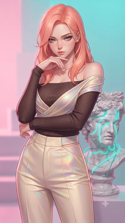 score_9, masterpiece, best quality, ultra-detailed, high-budget anime keyframe, editorial fashion photography, tasteful artistic composition, Japanese woman. close-up cowboy shot from the waist and thighs up, the character dominates the composition, 