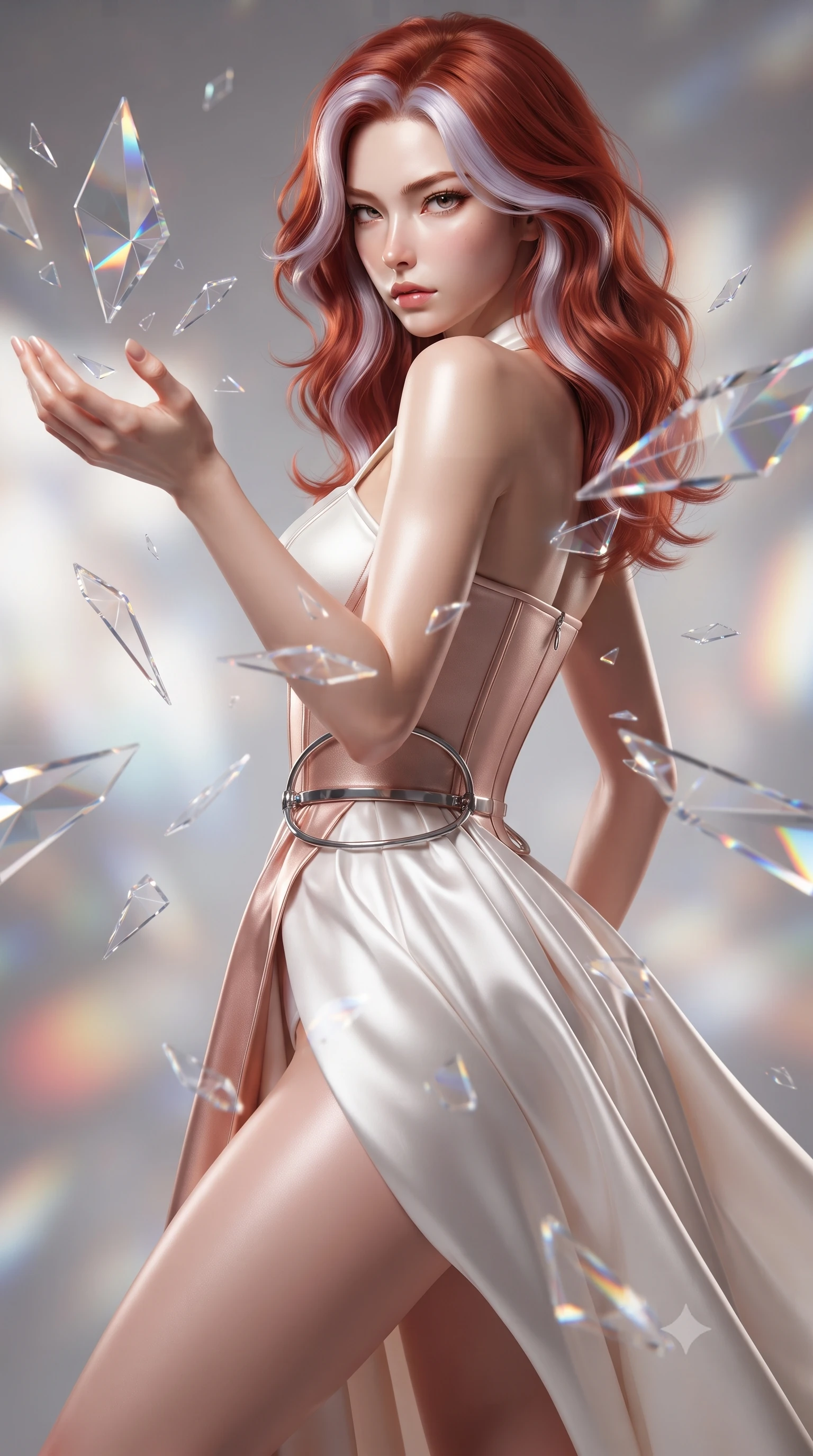score_9, masterpiece, best quality, ultra-detailed, high-budget anime keyframe, editorial fashion photography, tasteful artistic composition, Caucasian woman. close-up cowboy shot from the waist and thighs up, the character dominates the composition, filling the frame with her large presence, background elements kept in soft focus. Pivoting sharply while looking back over her shoulder with heavy lashes and a confident, intense gaze while reaching her hand forward to catch floating glass kaleidoscope shards hovering in zero-gravity, a kaleidoscope of refractions forming geometric laser patterns across her form. She has an exceptionally elegant, slender, and willowy female figure with an ultra-slim waist, a gracefully sculpted slender torso, and a refined silhouette. sharp v-shaped jawline, high-bridge nose, intricate jewel-like eyes with depth, thick eyelashes, glossy lips with a natural sheen, flawlessly proportioned anatomical accuracy, natural body alignment, perfectly sculpted elegant limbs, clean dynamic posture without body distortion. wearing a modern fusion silk hanbok dress with a structured bodice and flowing skirt in pearl white and rose gold, crafted from smooth liquid silk, accented with delicate chrome ring hardware framing her waist, the tailored fabric tightly following every curve of her athletic build. illuminated by high-contrast studio spotlights with ultra-bright specular highlights. ultra-reflective glossy finish, specular highlights, metallic sheen, high-contrast stereoscopic depth, volumetric dynamic lighting, 2k, ultra detail, master piece, 9:16 ratio