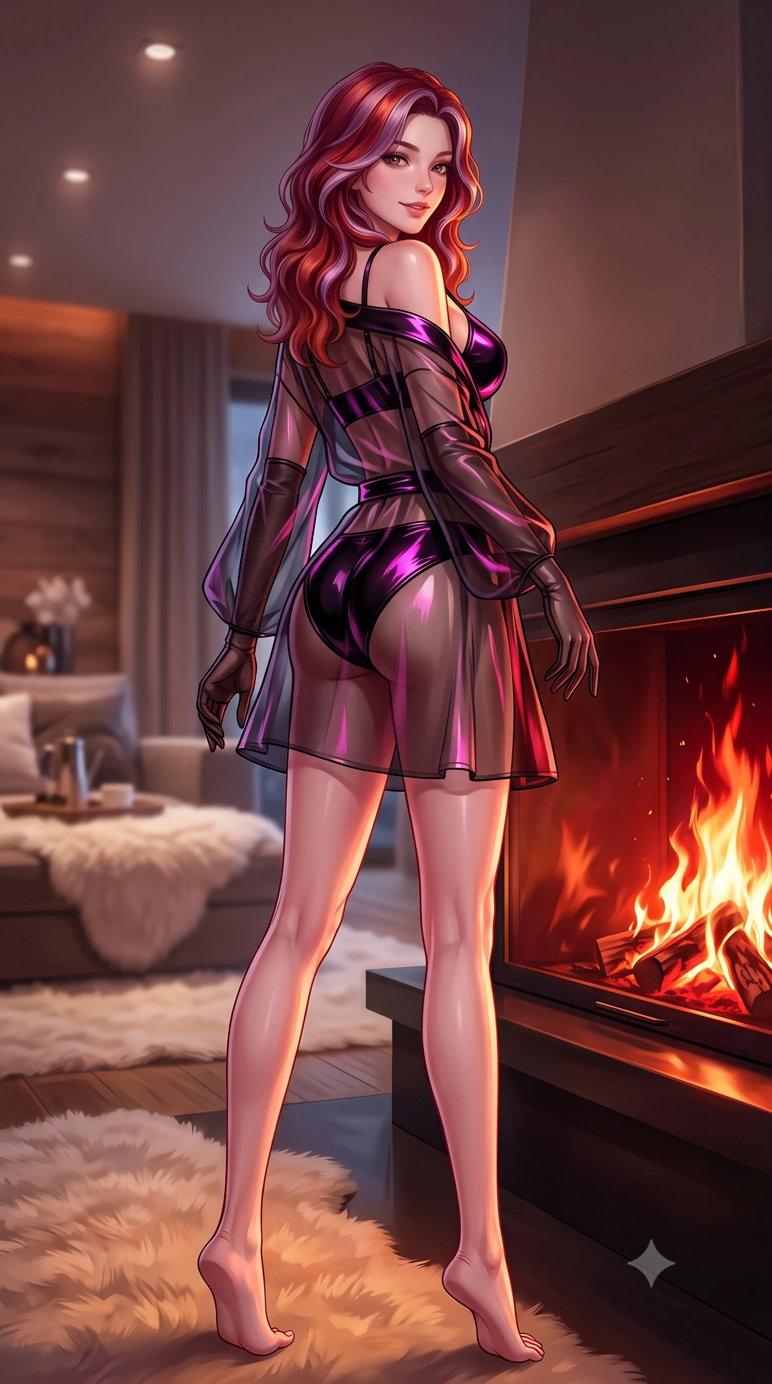 score_9, masterpiece, best quality, ultra-detailed, high-budget anime keyframe, semi-realistic 3D game render, editorial fashion photography, tasteful artistic composition, Caucasian woman. low angle full-body shot from head to toe showing her feet, filling the entire 9:16 vertical frame with her statuesque presence, stretching her vertical silhouette. executing a slow, graceful pivot turn as her skirt sways around her slender legs, glancing back with an enchanting, teasing sensual expression while twisting her slender torso in an alluring contrapposto stance by the hearth, dancing orange flames sculpting dramatic highlights on her curves. The background shows a soft-focus plush sheared-sheepskin rugs softened in ultra-luxury alpine retreat shallow focus. She has an absolutely perfect, statuesque 8.5-heads proportion, an exceptionally tall and slender model-like female figure with impossibly long slender legs, an ultra-slim waist, a flat toned midriff, narrow delicate ribcage, and beautifully sculpted feminine hips creating a graceful, slim hourglass silhouette without any bulky heaviness. sharp v-shaped jawline, high-bridge nose, sparkling eyes with hypnotic seductive depth, thick curled eyelashes, glossy parted lips with a natural dewy peach sheen, alluring bedroom-eyes with an enchanting coquettish smile, exuding magnetic siren charisma and sophisticated glamour, flawlessly proportioned anatomical accuracy, strict slender model proportions, natural body alignment, perfectly sculpted long slender limbs, ultra-slim waistline, clean dynamic posture without body distortion. wearing a sheer organza modern kimono robe worn loose and slipping off bare shoulders over a matching satin bralette and high-waisted briefs in wet-look onyx black with electric magenta reflections, crafted from wet-look high-gloss vinyl fabric with dazzling specular surface reflections, complemented by sheer opera-length evening gloves tracing her slender arms, the second-skin tailored fabric adhering flawlessly to her sculpted flat midriff and slender torso, emphasizing her long leg lines and perfectly proportioned willowy build. bathed in the rich, dynamic amber and crimson flicker of real wood flames combined with subtle recessed ceiling downlights. highly saturated vibrant anime colors, detailed shading with soft gradients, rich glossy textures, high-contrast stereoscopic depth, volumetric dynamic lighting, master piece, 9:16 ratio