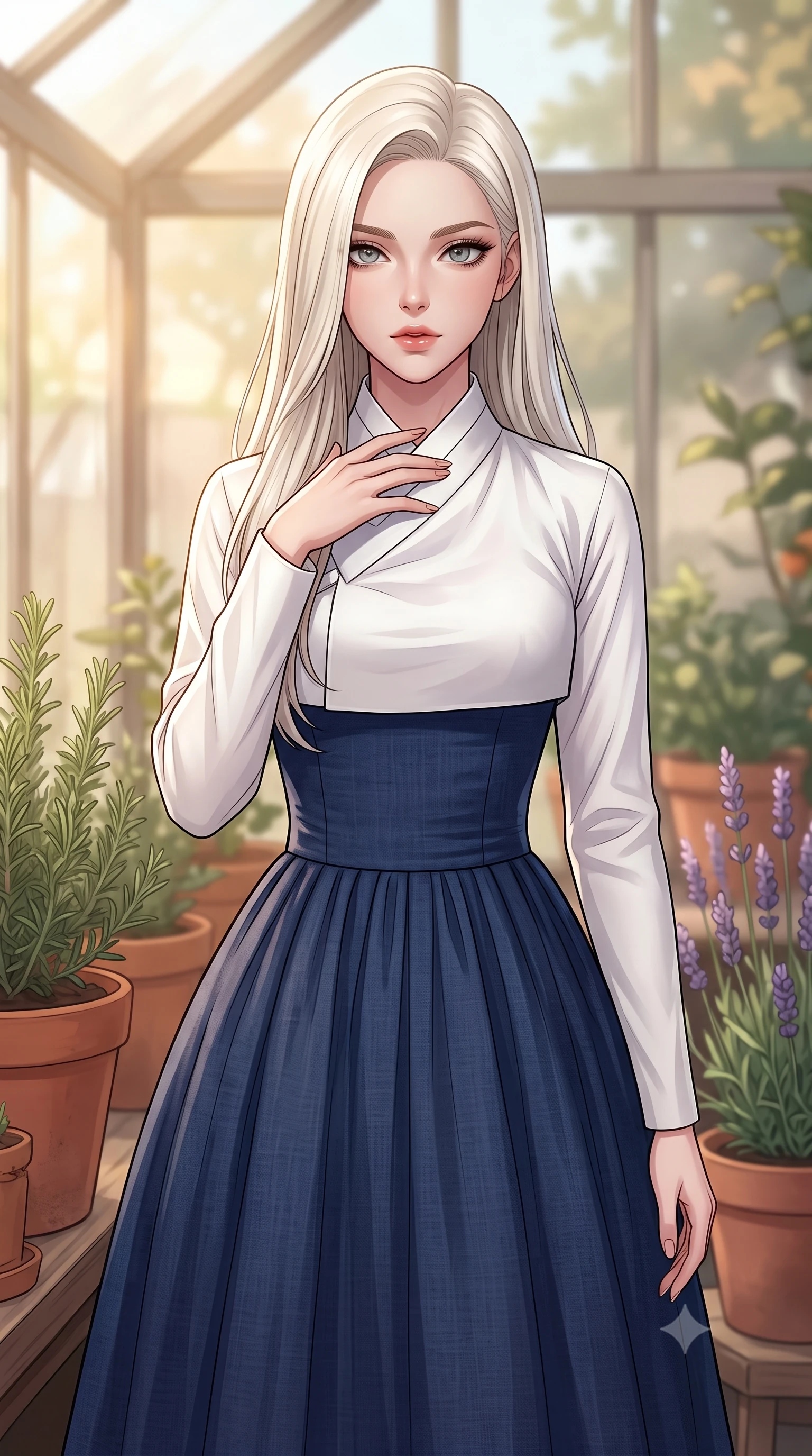 score_9, masterpiece, best quality, ultra-detailed, high-budget anime keyframe, tasteful artistic composition, Caucasian woman. close-up cowboy shot from the waist and thighs up, the character dominates the composition, filling the frame with her large presence, background elements kept in soft focus. standing with one hand resting on her collarbone, looking at the viewer with bedroom-eyes the background shows a soft-focus a cozy cottage greenhouse, surrounded by terracotta pots, rosemary, and lavender. She has an exceptionally elegant, slender, and willowy female figure with an ultra-slim waist, a gracefully sculpted slender torso, and a refined silhouette. sharp v-shaped jawline, high-bridge nose, intricate jewel-like eyes with depth, thick eyelashes, glossy lips with a natural sheen. wearing a slim-fit modern fusion hanbok dress with a navy blue linen skirt and a high-neck white silk jeogori wrapper. warm, diffused daylight creating a quiet and productive mood. highly saturated vibrant anime colors, cel-shading, 2d style, master piece, 9:16 ratio
