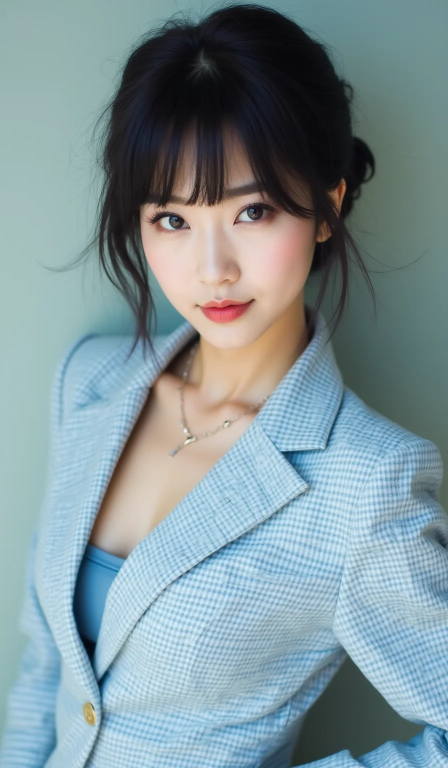 A close-up portrait of a Korean female idol with straight black hair styled into a low, messy side bun. She has short bangs covering her forehead and wears a fitted cropped pastel blue plaid blazer. She is posed confidently with one hand on her hip.