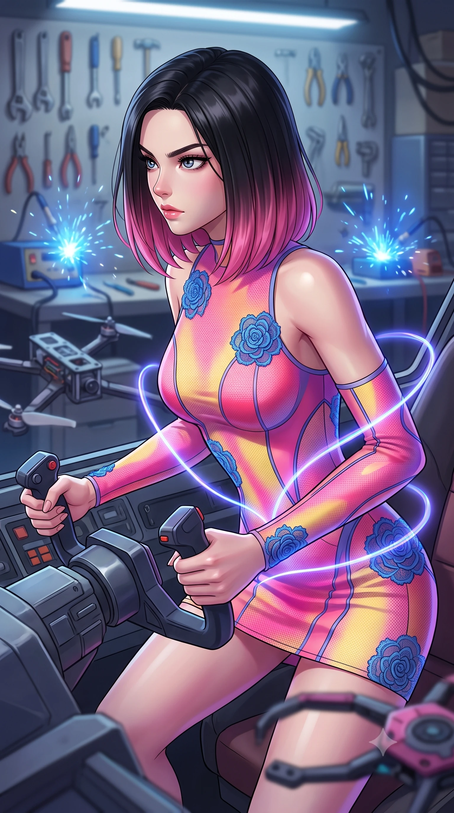 score_9, masterpiece, best quality, ultra-detailed, high-budget anime keyframe, editorial fashion photography, tasteful artistic composition, Korean woman. close-up cowboy shot from the waist and thighs up, the character dominates the composition, filling the frame with her large presence, background elements kept in soft focus. Piloting a starfighter through a tight asteroid gap, hands tight on the flight yoke, looking sharply left. set against a soft-focus background of a secret hideout where stolen security drones are rewired, tools hanging from walls, and blue sparks flying from solder stations. She has an exceptionally elegant and slender, willowy female figure with an ultra-slim waist, a gracefully sculpted slender torso, and a refined slim physique. sharp v-shaped jawline, high-bridge nose, intricate jewel-like eyes with depth, thick eyelashes, glossy lips with a natural sheen. wearing tailored for maximum mobility, sleek form-contouring panels that allow fluid movement, a slim-fit barely-there mesh bodycon dress in a pink and yellow gradient, with strategically placed blue lace rosettes. highly saturated vibrant anime colors, intense vivid color palette, soft 3D volumetric shading, volumetric dynamic lighting, cool ethereal blue-violet bioluminescent glow wrapping around her from all sides. 2k, ultra detail, master piece, 9:16 ratio