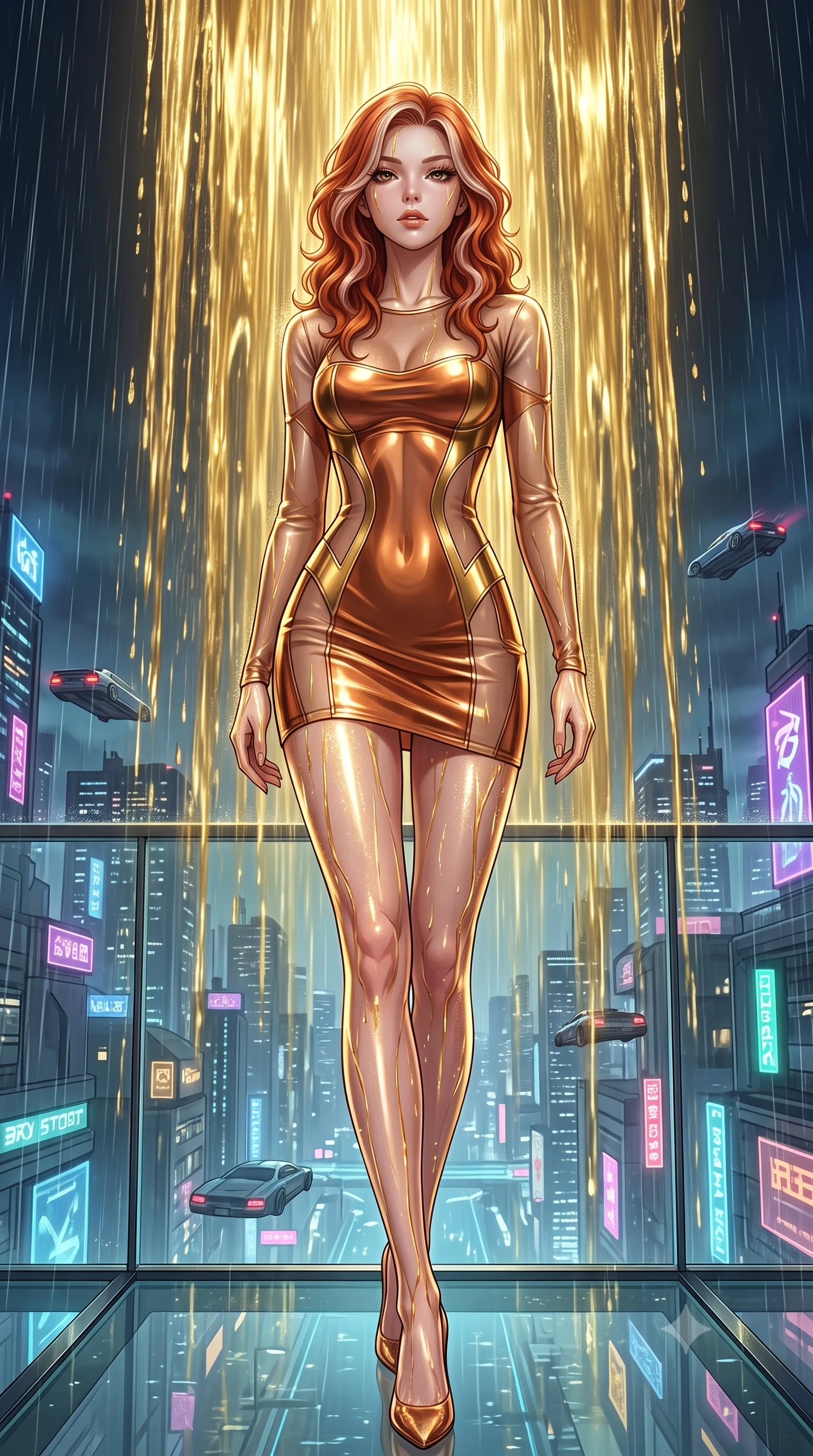 score_9, masterpiece, best quality, ultra-detailed, High-budget Anime Keyframe, Caucasian woman, strictly human ears. Low angle cowboy shot filling the entire 9:16 frame with her statuesque presence. Scenario 495: standing under a waterfall of liquid gold, the fluid coating her form, in a minimalist glass balcony overlooking a rainy cyberpunk megacity. Her presence is magnetic and overpowering in this high-budget anime scene. Outfit 495: a form-contouring metallic copper sheer organza mini dress with sheer sleeves and opaque panels. The clothing is designed to emphasize her exceptionally tall and slender 8-heads proportion. 8-heads proportion, towering silhouette, ultra-slim waist. sharp v-shaped jawline, intricate jewel-like eyes with depth, thick eyelashes, glossy lips. 2k, ultra detail, master piece, 9:16 ratio