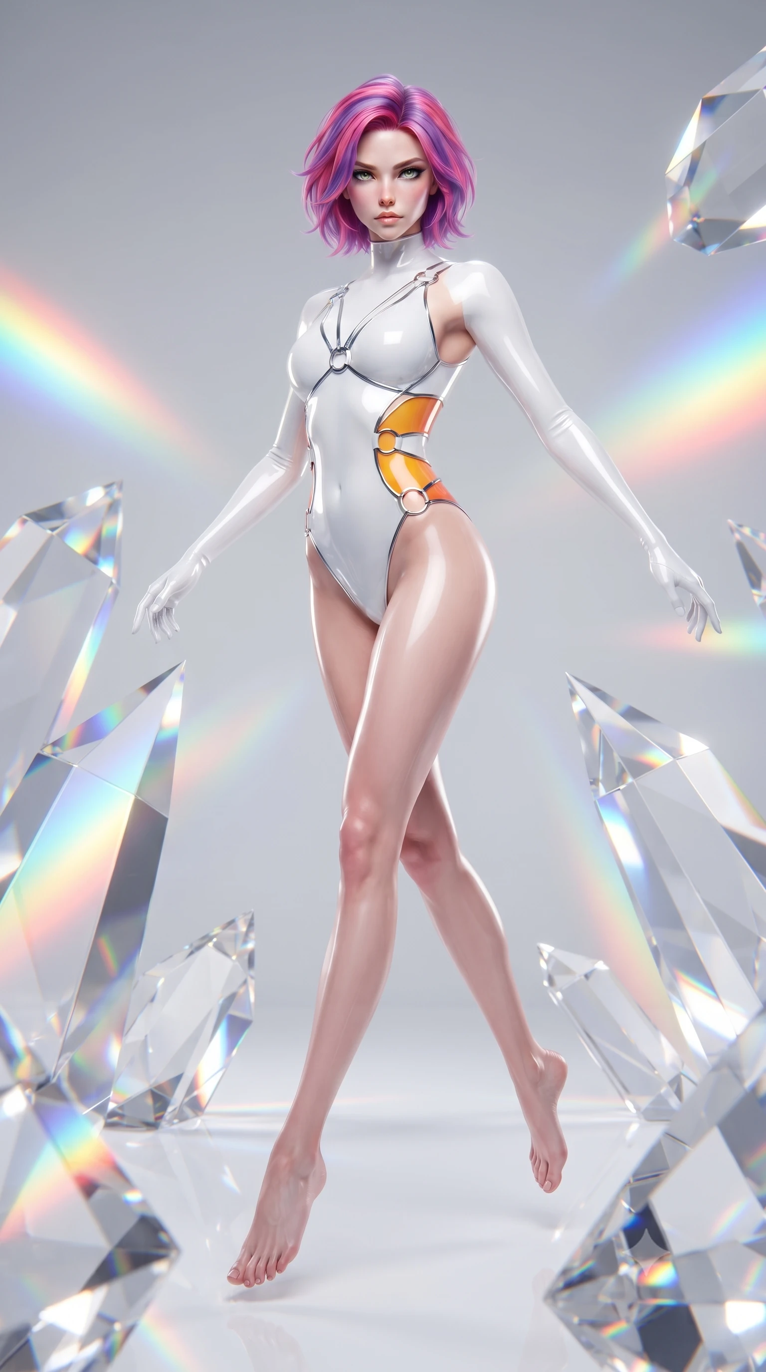 score_9, masterpiece, best quality, ultra-detailed, high-budget anime keyframe, editorial fashion photography, tasteful artistic composition, Caucasian woman. low angle full-body shot from head to toe showing her feet, filling the entire 9:16 vertical frame with her statuesque presence, stretching her vertical silhouette. performing an alluring mid-air vault with flawless poise, looking directly into the camera with smoldering intensity while pivoting dynamically on a white epoxy floor as vibrant spectrum light bands wrap around her slender figure. The surrounding environment is rendered in vivid detail and crisp panoramic clarity. razor-sharp optical crystal prism facets, distinct rainbow light band borders, and white gallery floor in deep focus. She has an absolutely perfect, statuesque 8.5-heads proportion, an exceptionally tall and slender model-like female figure with impossibly long slender legs, a toned flat midriff, and an ultra-slim waist. sharp v-shaped jawline, high-bridge nose, intricate jewel-like eyes with depth, thick eyelashes, glossy lips with a natural sheen, flawlessly proportioned anatomical accuracy, strict slender model proportions, natural body alignment, perfectly sculpted long slender limbs, ultra-slim waistline, clean dynamic posture without body distortion. wearing a second-skin white liquid-mercury micro-bodysuit sculpted tightly to her slender build, featuring razor-thin metallic straps and hip cutouts in vivid sunset amber orange and cloud white, crafted from ultra-reflective second-skin latex with a high-gloss glass-like polish, detailed with polished silver rings connecting the daring side-waist cutouts, the glove-like aerodynamic second-skin fit tightly clinging to her ultra-slender waist and athletic curves without adding bulk, accentuating her razor-sharp statuesque lines and slim hourglass silhouette. surrounded by a hyper-creative, radiant, and fiercely chic modern fashion editorial aura. ultra-reflective glossy finish, specular highlights, metallic sheen, high-contrast stereoscopic depth, volumetric dynamic lighting, 2k, ultra detail, master piece, 9:16 ratio