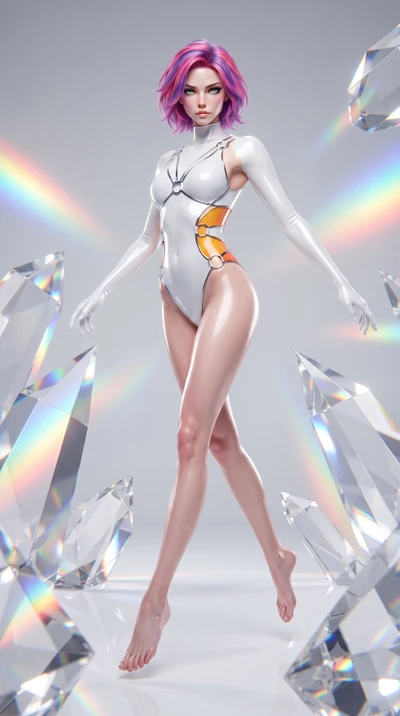 score_9, masterpiece, best quality, ultra-detailed, high-budget anime keyframe, editorial fashion photography, tasteful artistic composition, Caucasian woman. low angle full-body shot from head to toe showing her feet, filling the entire 9:16 vertica