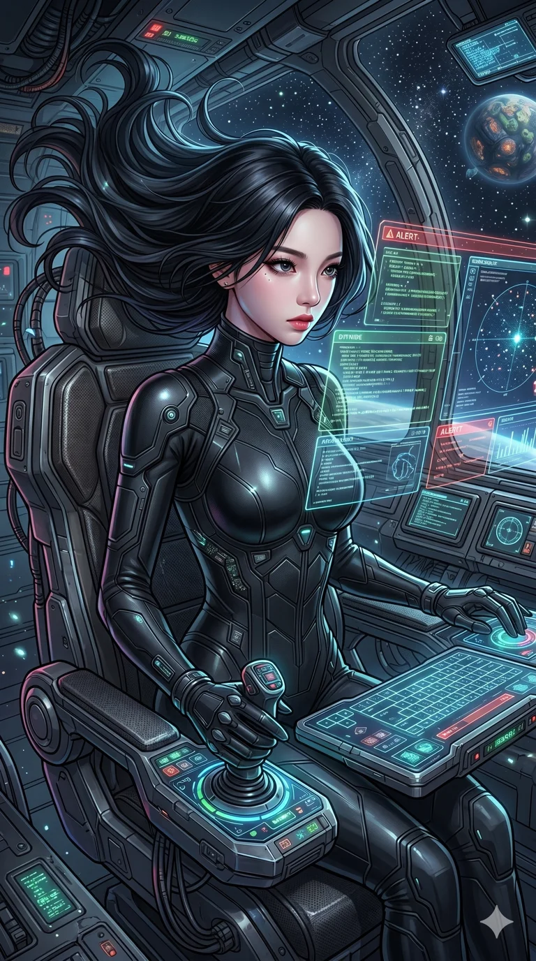 score_9, score_8_up, score_7_up, source_anime, masterpiece, best quality, ultra-detailed, same character with long flowing black hair, wearing a sleek black sci-fi pilot plugsuit, upper body close-up from thigh up filling the screen, sitting in a pilot seat with hands on glowing controls, looking intensely at floating holographic data displays, spaceship cockpit, 2k, 9:16 ratio