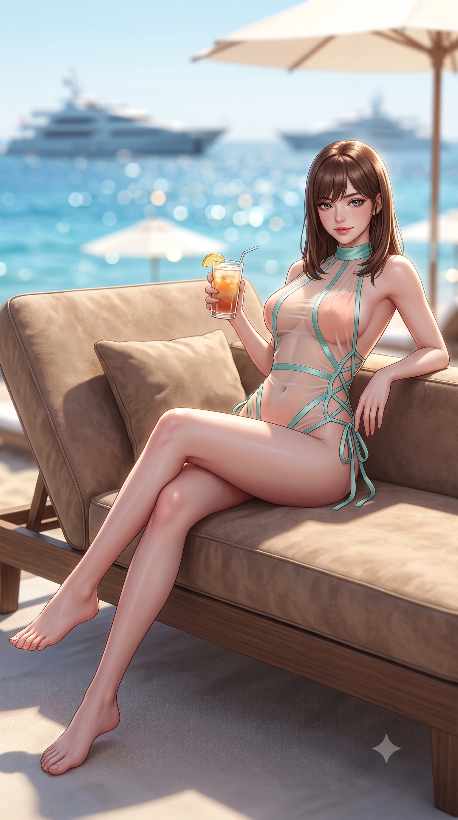 score_9, masterpiece, best quality, ultra-detailed, high-budget anime keyframe, semi-realistic 3D game render, editorial fashion photography, tasteful artistic composition, Korean woman. low angle full-body shot from head to toe showing her feet, filling the entire 9:16 vertical frame with her statuesque presence, stretching her vertical silhouette. reclining gracefully across the plush chaise lounge with one leg extended, her sculpted silhouette and flat midriff radiating magnetic nocturnal glamour while perched sideways on the daybed propped on one elbow, holding an iced cocktail with an intoxicating, smoldering bedroom-smile. The background shows a soft-focus the sparkling sapphire bay of Pampelonne, distant mega-yachts, and white parasols blurred into azure, champagne, and gold bokeh. She has an absolutely perfect, statuesque 8.5-heads proportion, an exceptionally tall and slender model-like female figure with impossibly long slender legs, an ultra-slim waist, a flat toned midriff, narrow delicate ribcage, and beautifully sculpted feminine hips creating a graceful, slim hourglass silhouette without any bulky heaviness. sharp v-shaped jawline, high-bridge nose, sparkling eyes with hypnotic seductive depth, thick curled eyelashes, glossy parted lips with a natural dewy peach sheen, alluring bedroom-eyes with an enchanting coquettish smile, exuding magnetic siren charisma and sophisticated glamour, flawlessly proportioned anatomical accuracy, strict slender model proportions, natural body alignment, perfectly sculpted long slender limbs, ultra-slim waistline, clean dynamic posture without body distortion. wearing a provocative high-neck sheer illusion beach coverup with liquid satin ribbons contouring her curves in pastel peach blossom and Aegean seafoam green, tailored from ultra-soft distressed suede with velvety hand-feel and rich shadow depth, featuring fine criss-cross lace-up side ties revealing tantalizing glimpses of her hip curve, the precision-cut side openings and low-back scoop framing her graceful spine and the sensual sweep of her slim, toned hips. illuminated by sea water reflection fill and sharp platinum-gold rim lights sculpting her razor-sharp jawline, narrow waist, and curvy hips. highly saturated vibrant anime colors, detailed shading with soft gradients, rich glossy textures, high-contrast stereoscopic depth, volumetric dynamic lighting, master piece, 9:16 ratio