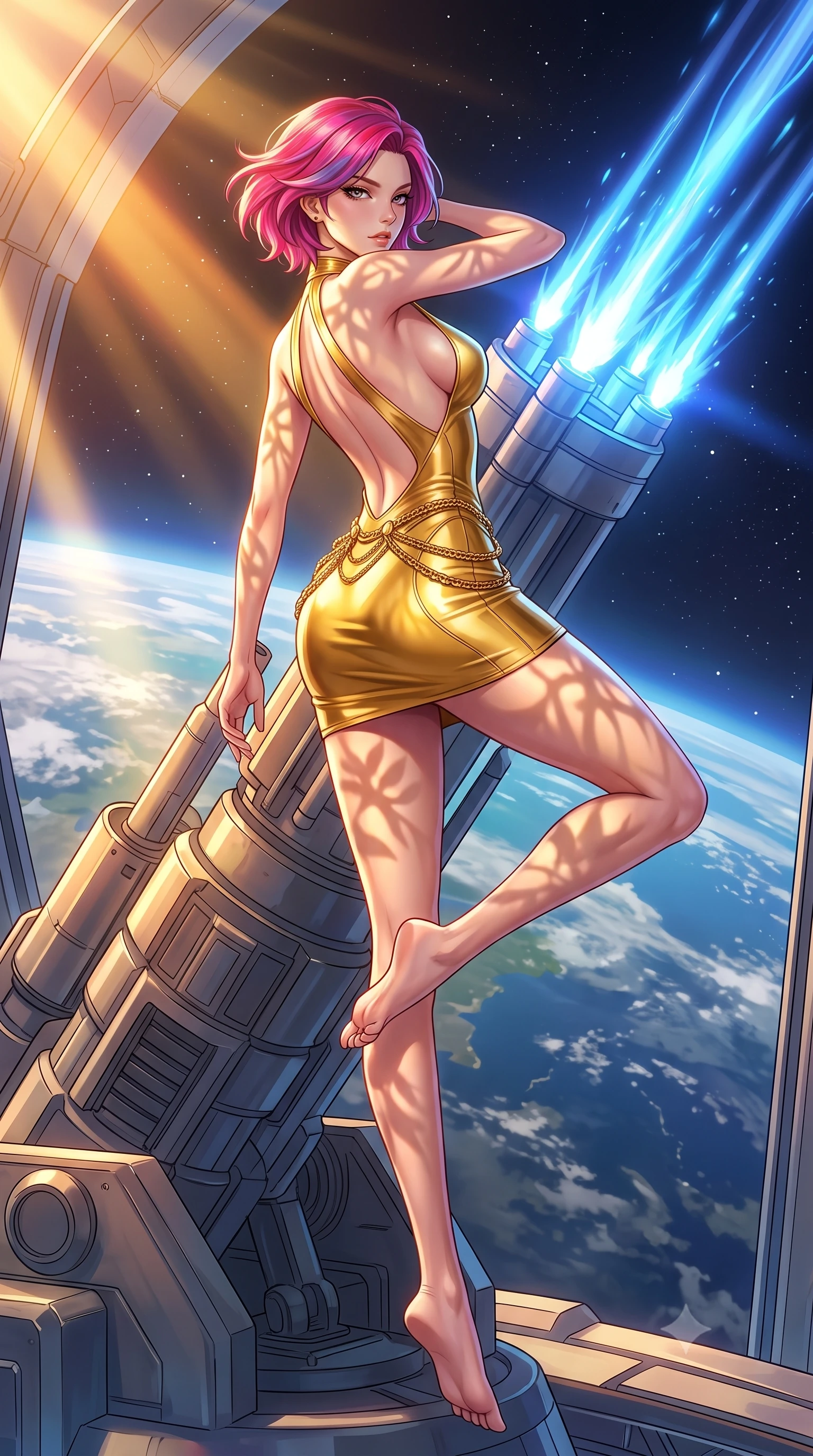 score_9, masterpiece, best quality, ultra-detailed, high-budget anime keyframe, editorial fashion photography, tasteful artistic composition, Caucasian woman, strictly human ears. low angle full-body shot from head to toe showing her feet, filling the entire 9:16 vertical frame with her statuesque presence, stretching her vertical silhouette. spinning mid-air in zero gravity to shoot in multiple directions, her silhouette stretched within beside a massive orbital defense cannon, firing blue energy pulses into the upper atmosphere. She has a statuesque 8.5-heads proportion, an exceptionally tall, slender and willowy model-like build with impossibly long legs and a highly sculpted ultra-slim waist. sharp v-shaped jawline, high-bridge nose, intricate jewel-like eyes with depth, thick eyelashes, glossy lips with a natural sheen. wearing tailored for maximum mobility, sleek form-contouring panels that allow fluid movement, a tailored liquid gold mini dress with a dramatic open back and a plunging neckline, detailed with gold chains at the waist. highly saturated vibrant anime colors, intense vivid color palette, soft 3D volumetric shading, volumetric dynamic lighting, warm golden afternoon sunbeams casting soft organic leaf shadows across her skin. 2k, ultra detail, master piece, 9:16 ratio