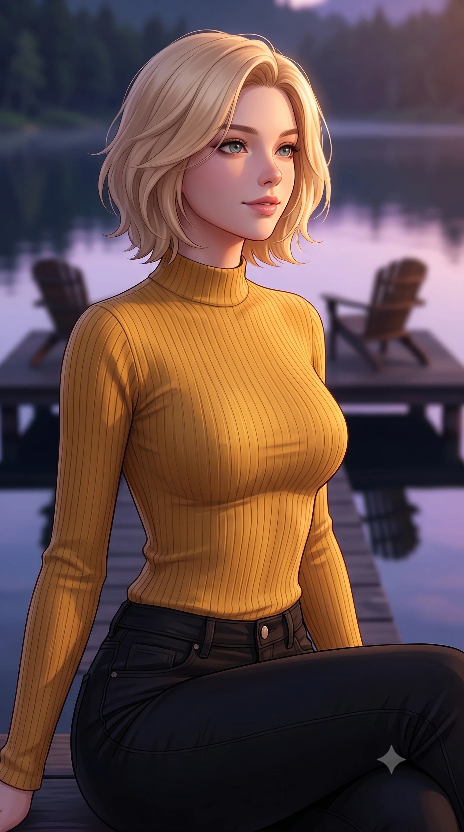 score_9, masterpiece, best quality, ultra-detailed, high-budget anime keyframe, editorial fashion photography, tasteful artistic composition, Caucasian woman woman. close-up cowboy shot from the waist and thighs up, the character dominates the composition, filling the frame with her large presence, background elements kept in soft focus. looking past the camera with a peaceful, thoughtful gaze, enjoying the warm sunlight the background shows a soft-focus a simple dark wood deck extending over a calm forest lake, with two chairs. She has an exceptionally elegant, slender, and willowy female figure with an ultra-slim waist, a gracefully sculpted slender torso, and a refined silhouette. sharp v-shaped jawline, high-bridge nose, intricate jewel-like eyes with depth, thick eyelashes, glossy lips with a natural sheen. wearing a tailored tight-fitting ribbed mock-neck top in mustard yellow paired with black skinny pants. the serene purple and blue hues of twilight reflecting on the still water. 2k, ultra detail, master piece, 9:16 ratio