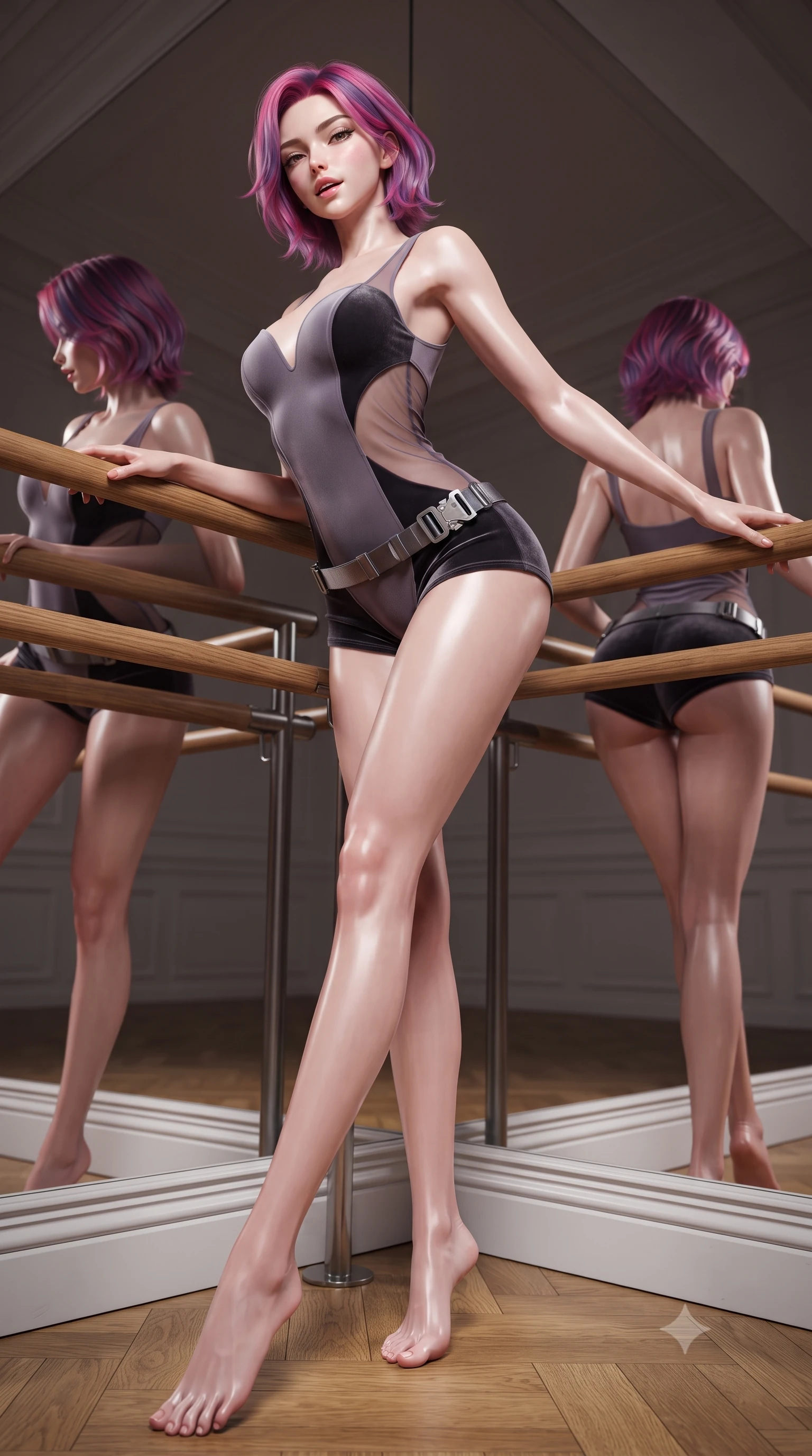 score_9, masterpiece, best quality, ultra-detailed, high-budget anime keyframe, editorial fashion photography, tasteful artistic composition, Caucasian woman. low angle full-body shot from head to toe showing her feet, filling the entire 9:16 vertical frame with her statuesque presence, stretching her vertical silhouette. leaning deep against the balcony balustrade with hips cocked back in an unapologetically alluring high-fashion stance, casting an intoxicating glance while resting one hand on the wooden ballet barre while extending one long slender leg in an exquisite arabesque, arching her spine with dancer poise. The surrounding environment is rendered in vivid detail and crisp panoramic clarity: sharp polished wooden barre grain, oak parquet floor seams, and crystal clear mirror reflection in deep focus. She has an absolutely perfect, statuesque 8.5-heads proportion, an exceptionally tall and slender model-like female figure with impossibly long slender legs, an ultra-slim waist, a flat toned midriff, narrow delicate ribcage, and beautifully sculpted feminine hips creating a graceful, slim hourglass silhouette without any bulky heaviness. sharp v-shaped jawline, high-bridge nose, sparkling eyes with hypnotic seductive depth, thick curled eyelashes, glossy parted lips with a natural dewy peach sheen, alluring bedroom-eyes with an enchanting coquettish smile, exuding magnetic siren charisma and sophisticated glamour, flawlessly proportioned anatomical accuracy, strict slender model proportions, natural body alignment, perfectly sculpted long slender limbs, ultra-slim waistline, clean dynamic posture without body distortion. wearing a deep sweetheart-neckline matte-carbon bodycon romper with sheer side-torso cutouts accentuating her hourglass curves in dusky lavender mist and dark charcoal velvet, made of sheer gossamer chiffon that drapes softly against skin with airy translucence, accented with a quick-release tactical chrome buckle harness resting snugly across her hips, the precision-cut side openings and low-back scoop framing her graceful spine and the sensual sweep of her slim, toned hips. illuminated by mirror reflection bounce and sharp platinum rim lights sculpting her jawline, flat midriff, and voluptuous hip curves. ultra-reflective glossy finish, specular highlights, rich textural contrasts, high-contrast stereoscopic depth, volumetric dynamic lighting, 2k, ultra detail, master piece, 9:16 ratio