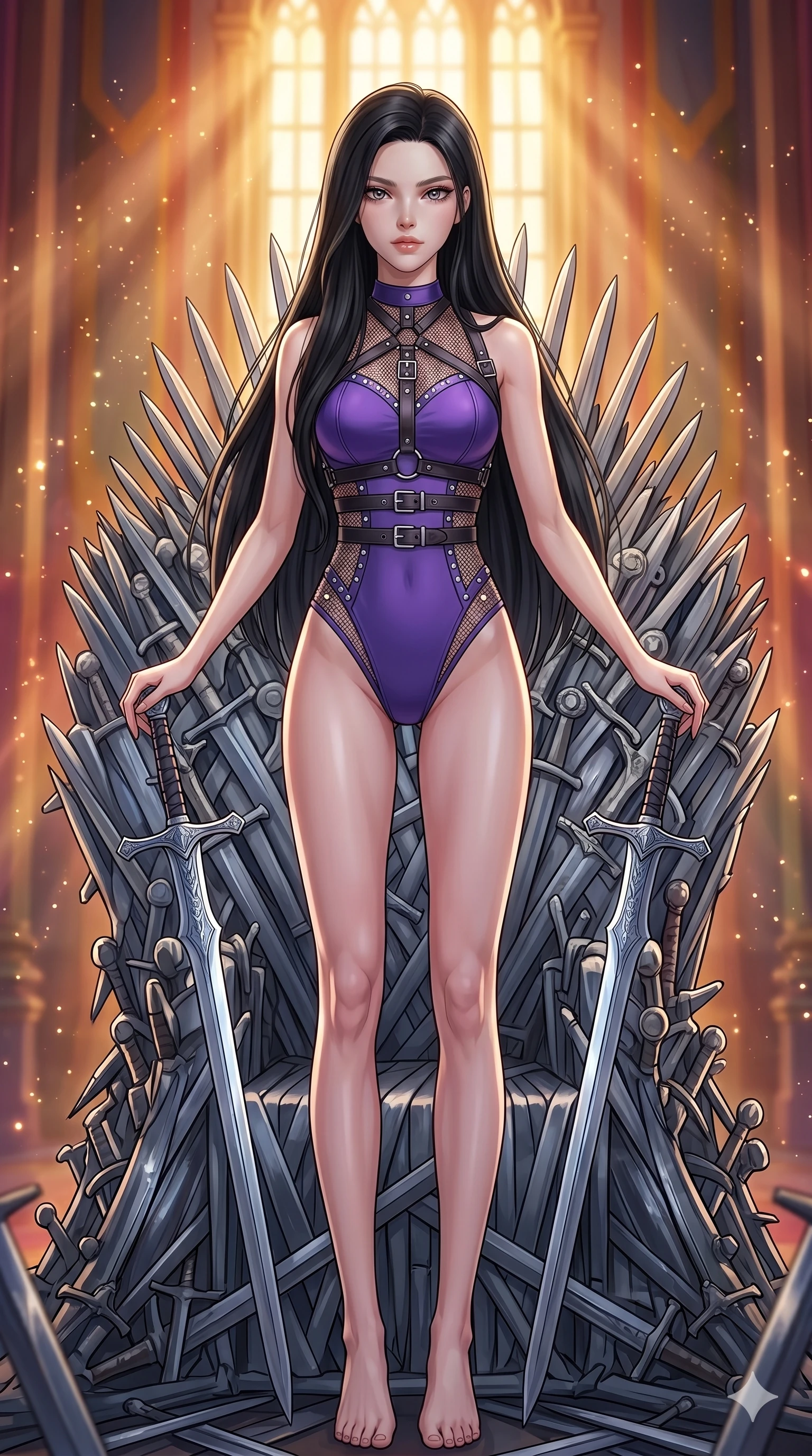 score_9, masterpiece, best quality, ultra-detailed, High-budget Anime Keyframe, beautiful Caucasian anime girl (strictly human ears). Upper body close-up from the thighs up, character filling the screen for maximum presence. Standing on a throne of swords in a grand hall with golden light rays. She has an absolutely perfect 8-heads proportion, an exceptionally tall and slender female figure with impossibly long slender legs and an ultra-slim waist. Sharp v-shaped jawline, high-bridge nose, intricate jewel-like eyes with depth, thick eyelashes, glossy lips with a natural sheen. Wearing a K-Idol Stage outfit: violet high-cut bodysuit with a leather harness and silver mesh details. Background is a bright and colorful palace interior with golden light rays and floating dust particles. 2k, ultra detail, master piece, 9:16 ratio