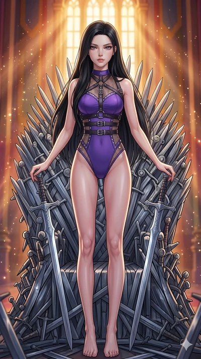score_9, masterpiece, best quality, ultra-detailed, High-budget Anime Keyframe, beautiful Caucasian anime girl (strictly human ears). Upper body close-up from the thighs up, character filling the screen for maximum presence. Standing on a throne of s