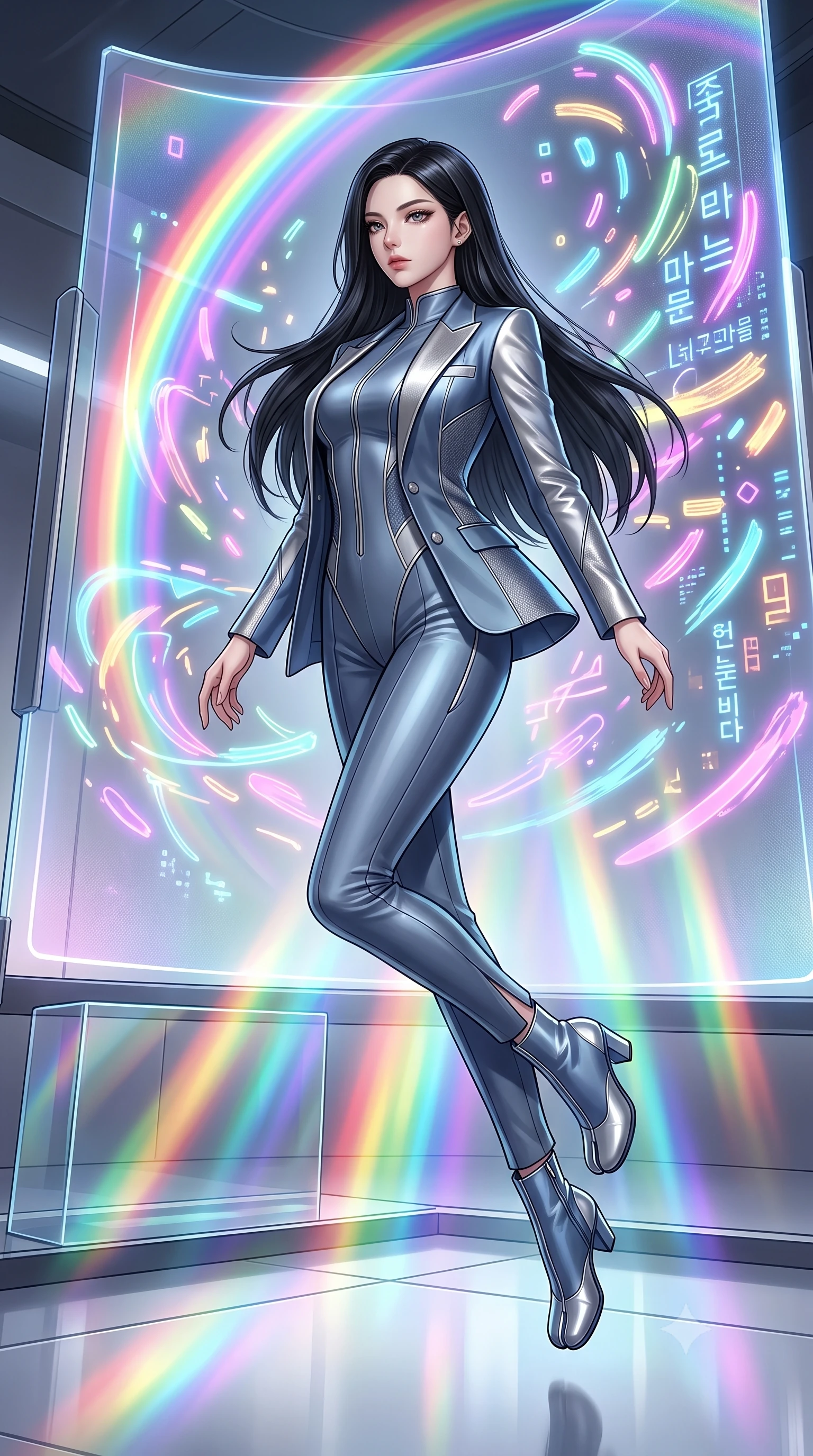 score_9, masterpiece, best quality, ultra-detailed, high-budget anime keyframe, editorial fashion photography, tasteful artistic composition, Korean woman. low angle full-body shot from head to toe showing her feet, filling the entire 9:16 vertical frame with her statuesque presence, stretching her vertical silhouette. leaping gracefully through the environment with statuesque elegance and long slender legs poised before a giant holographic canvas emitting luminous color arcs, glowing neon brushstrokes floating poetically around her silhouette. She has an absolutely perfect, statuesque 8.5-heads proportion, an exceptionally tall and slender model-like female figure with impossibly long slender legs and an ultra-slim waist. sharp v-shaped jawline, high-bridge nose, intricate jewel-like eyes with depth, thick eyelashes, glossy lips with a natural sheen. wearing a tailored silk blazer over a form-contouring top and fitted slacks in slate blue and metallic silver, formed from sleek second-skin neoprene, finished with a sleek side slit ascending to mid-thigh, the glove-like fit emphasizing her statuesque silhouette. illuminated by brilliant multi-color rainbow light refracting through glass. highly saturated vibrant anime colors, detailed shading with soft gradients, rich glossy textures, high-contrast stereoscopic depth, volumetric dynamic lighting, master piece, 9:16 ratio