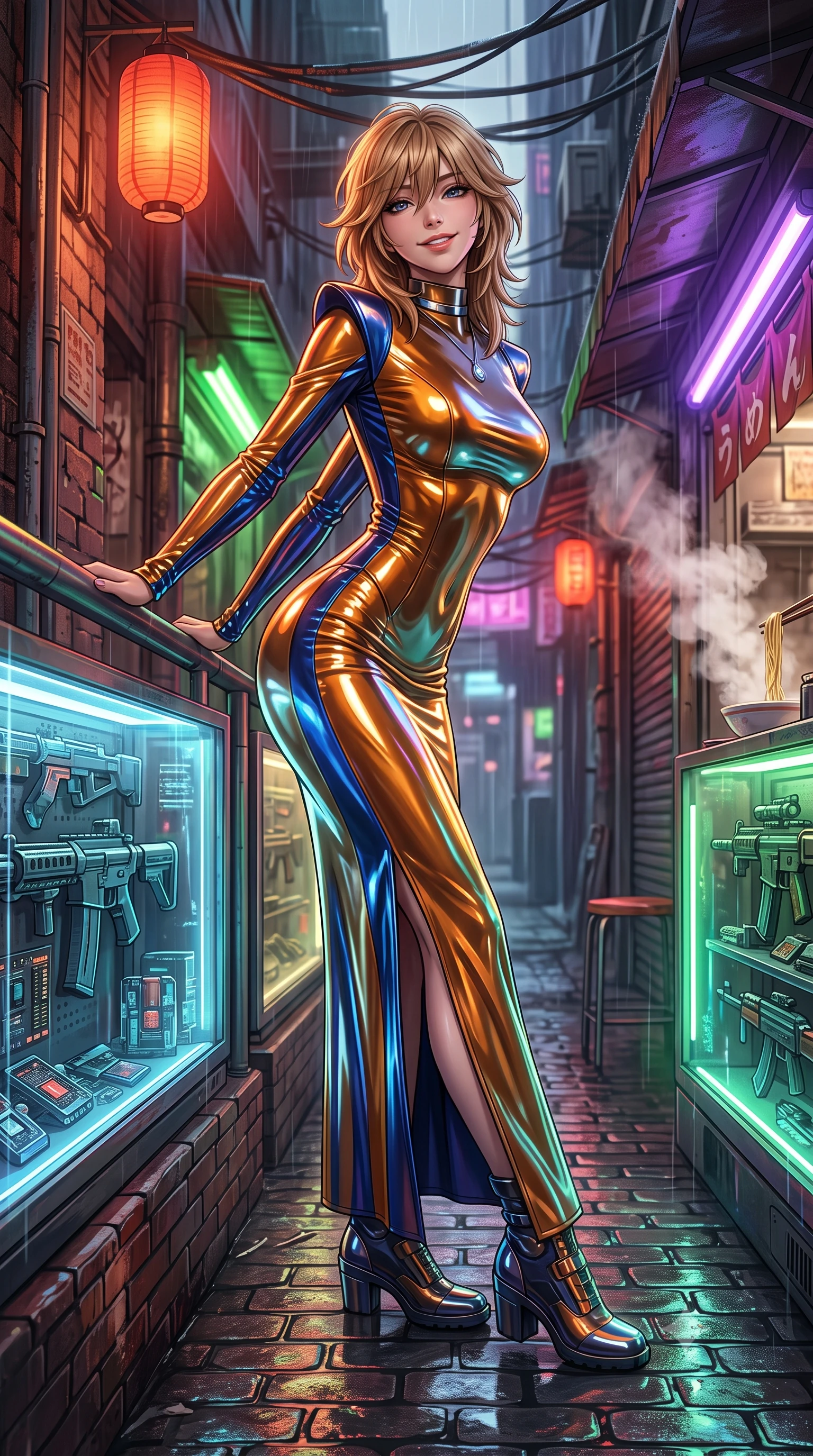 score_9, masterpiece, best quality, ultra-detailed, high-budget anime keyframe, semi-realistic 3D game render, editorial fashion photography, tasteful artistic composition, Japanese woman. low angle full-body shot from head to toe showing her feet, filling the entire 9:16 vertical frame with her statuesque presence, stretching her vertical silhouette. leaning deep against the balcony balustrade with hips cocked back in an unapologetically alluring high-fashion stance, casting an intoxicating glance while standing poised on the wet cobblestones between glowing holographic weapon display cases, arching her spine with seductive combat poise as aromatic noodle steam rises. The surrounding environment is rendered in vivid detail and crisp panoramic clarity: sharp wet brick textures, glass display case reflections with micro-chip components, and weathered cyberpunk cables in deep focus. She has an exceptionally tall and slender model-like 8.5-heads proportion, an ultra-slim waist, a flat toned midriff, narrow delicate ribcage, and beautifully sculpted feminine hips creating a graceful, slim hourglass silhouette without any bulky heaviness, with impossibly long slender legs. sharp v-shaped jawline, high-bridge nose, intricate jewel-like sparkling eyes with depth, thick eyelashes, glossy parted lips with a natural peach sheen, bright cheerful beaming smile with an enchanting and coquettish sensual glint, exuding both youthful cute charm and seductive allure, flawlessly proportioned anatomical accuracy, strict slender model proportions, natural body alignment, perfectly sculpted long slender limbs, ultra-slim waistline, clean dynamic posture without body distortion. wearing a body-hugging liquid mercury jersey combat gown with high mock neck and structured shoulder pads clinging flawlessly to her silhouette in Jovian storm amber and electric cobalt, tailored from high-gloss patent leather with mirror-like specular highlights, finished with a minimalist chrome choker and a single teardrop diamond pendant, the form-contouring silhouette accentuating her sculpted flat midriff, narrow delicate ribcage, and gracefully curvy hips with intoxicating allure. bathed in warm 2200K crimson lantern light combined with vibrant green and ultraviolet market stall tube lights. highly saturated vibrant anime colors, detailed shading with soft gradients, rich glossy textures, high-contrast stereoscopic depth, volumetric dynamic lighting, master piece, 9:16 ratio