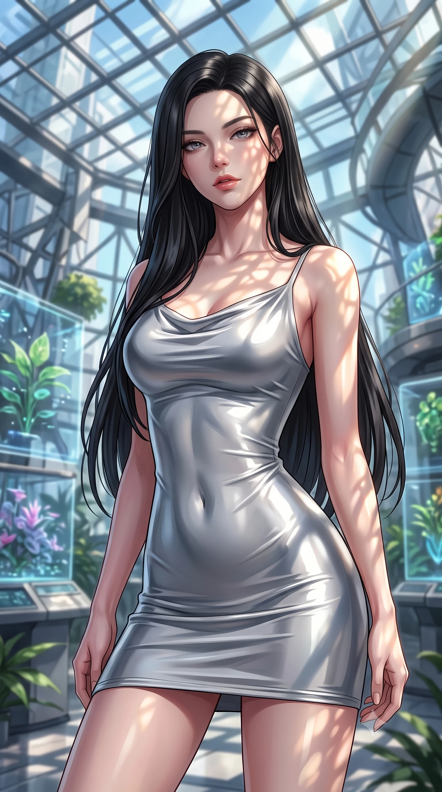 score_9, masterpiece, best quality, ultra-detailed, high-budget anime keyframe, editorial fashion photography, tasteful artistic composition, Korean woman woman. close-up cowboy shot from the waist and thighs up, the character dominates the composition, filling the frame with her large presence, background elements kept in soft focus. She has an exceptionally elegant, slender, and willowy female figure with an ultra-slim waist, a gracefully sculpted slender torso, and a refined silhouette. leaning back effortlessly against the surrounding architecture with an air of magnetic superiority, flawlessly proportioned anatomical accuracy, natural body alignment, perfectly sculpted elegant limbs, clean dynamic posture without body distortion. set against a soft-focus background of a futuristic botanical pavilion with floating hologram plants. wearing a sleek bodycon liquid silver jersey dress hugging every curve with a subtle cowl neckline. bathed in dappled morning sunlight filtering through glass roof grid structures. highly saturated vibrant anime colors, detailed shading with soft gradients, rich glossy textures, high-contrast stereoscopic depth, volumetric dynamic lighting, master piece, 9:16 ratio