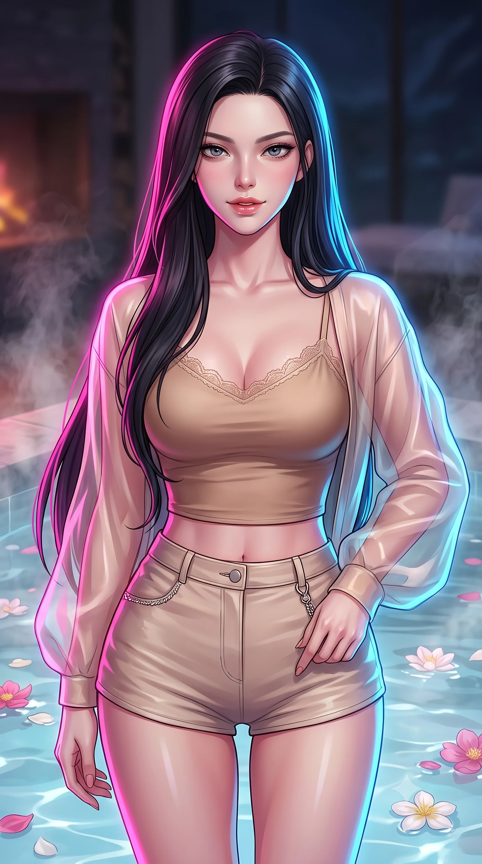 score_9, masterpiece, best quality, ultra-detailed, high-budget anime keyframe, editorial fashion photography, tasteful artistic composition, Korean woman. close-up cowboy shot from the waist and thighs up, the character dominates the composition, filling the frame with her large presence, background elements kept in soft focus. gazing directly into the camera with a smoldering, magnetic half-smile, her glossy lips parted alluringly set against a soft-focus background of inside an exclusive fireplace lounge with rising mineral steam and floating flower petals on the clear water surface. She has an exceptionally elegant, slender, and willowy female figure with an ultra-slim waist, a gracefully sculpted slender torso, and a refined silhouette. sharp v-shaped jawline, high-bridge nose, intricate jewel-like eyes with depth, thick eyelashes, glossy lips with a natural sheen. wearing slim-fit warm beige matte silk delicate lace-trim crop top worn under a sheer organza cardigan with high-waist micro-shorts accented with delicate silver hardware. drenched in dramatic neon rim-lighting that traces the sleek contours of her figure. highly saturated vibrant anime colors, detailed shading with soft gradients, rich glossy textures, high-contrast stereoscopic depth, volumetric dynamic lighting, master piece, 9:16 ratio