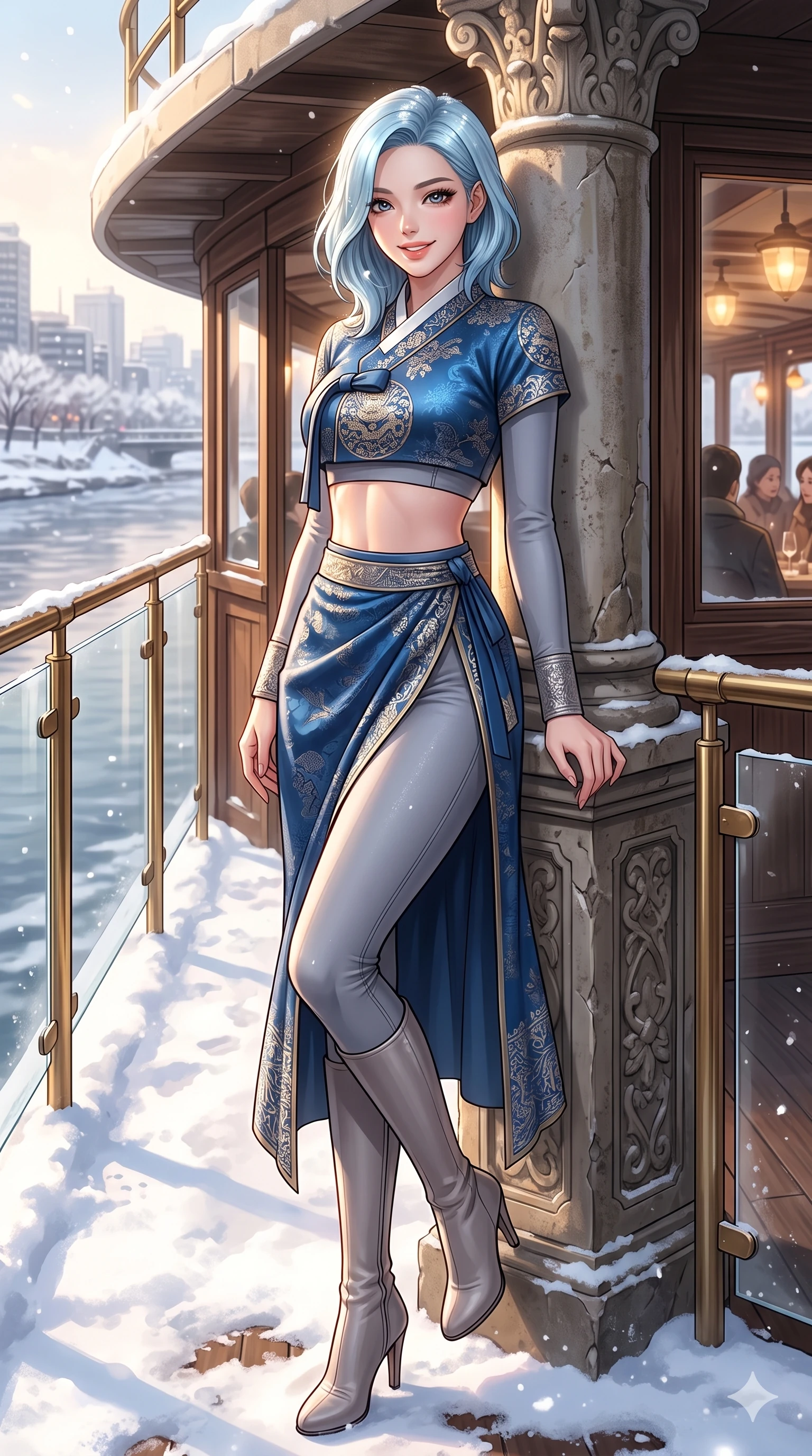 score_9, masterpiece, best quality, ultra-detailed, high-budget anime keyframe, vibrant anime aesthetic, Korean woman. cowboy shot from the thighs up, character and outfit filling the frame for maximum presence. She is leaning against a stone pillar, casting a lively, smiling gaze at the lens in snow on the deck of a luxury riverboat in the winter sun (Code-P21-088). She has an absolutely perfect 8-heads proportion, an exceptionally tall and slender female figure with impossibly long slender legs and an ultra-slim waist. V-shaped jawline, high-bridge nose, intricate jewel-like eyes with depth, thick eyelashes, glossy lips with a natural sheen. wearing a fusion top with an exposed waist and high-slit wrap skirt in winter. She is bathed in a luminous, warm sunshine highlighting her winter silhouette and features. 2k, ultra detail, master piece, 9:16 ratio