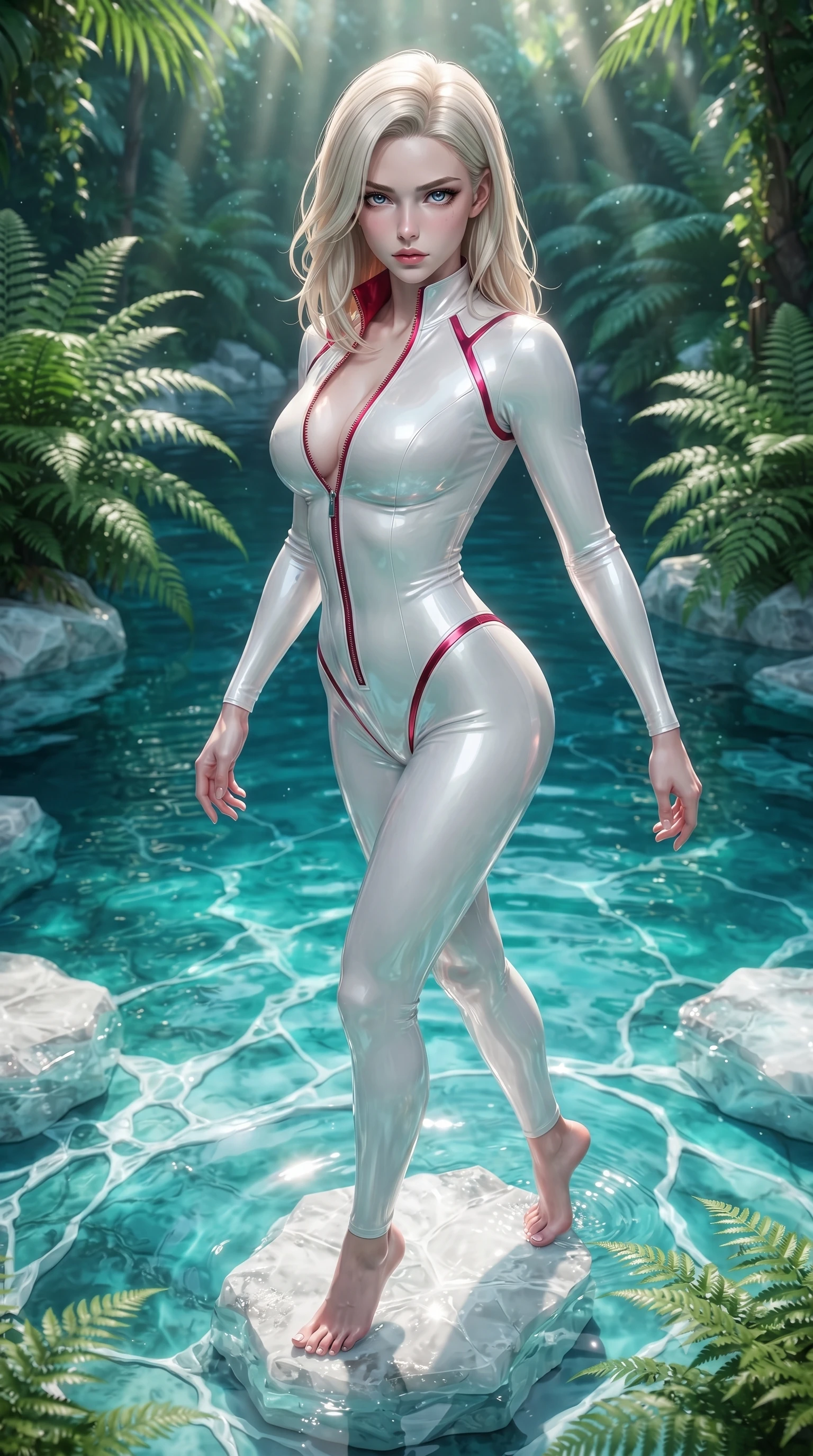 score_9, masterpiece, best quality, ultra-detailed, high-budget anime keyframe, editorial fashion photography, tasteful artistic composition, Caucasian woman. close-up cowboy shot from the waist and thighs up, the character dominates the composition, filling the frame with her large presence. gazing directly into the lens with bedroom eyes and a breathtaking, dangerous allure that commands the entire composition while pivoting dynamically on a submerged crystal stepping stone as sunbeams penetrate the turquoise pool. The surrounding environment is rendered in vivid detail and crisp panoramic clarity. intricate white crystal stone veins, crystal-clear emerald water pools, and lush tropical ferns in deep focus. She has an exceptionally elegant, slender, and willowy female figure with an ultra-slim waist, a gracefully sculpted slender torso, toned flat midriff, and a refined slim silhouette. sharp v-shaped jawline, high-bridge nose, intricate jewel-like eyes with depth, thick eyelashes, glossy lips with a natural sheen, flawlessly proportioned anatomical accuracy, strict slender model proportions, natural body alignment, perfectly sculpted long slender limbs, ultra-slim waistline, clean dynamic posture without body distortion. wearing a glossy white second-skin latex bodysuit with high-thigh cuts, exposed clavicle neckline, and gleaming zipper details in radiant crimson silk and crisp snow white, formed from high-gloss patent material with specular light reflections, accented with glowing fiber-optic seams tracing her collarbones and hip curves, the liquid-tight tailored fabric emphasizing every curve of her tall, slender model proportions and sculptured silhouette during dynamic movement. surrounded by a pristine, refreshing, and intensely seductive natural sanctuary atmosphere. ultra-reflective glossy finish, specular highlights, metallic sheen, high-contrast stereoscopic depth, volumetric dynamic lighting, 2k, ultra detail, master piece, 9:16 ratio