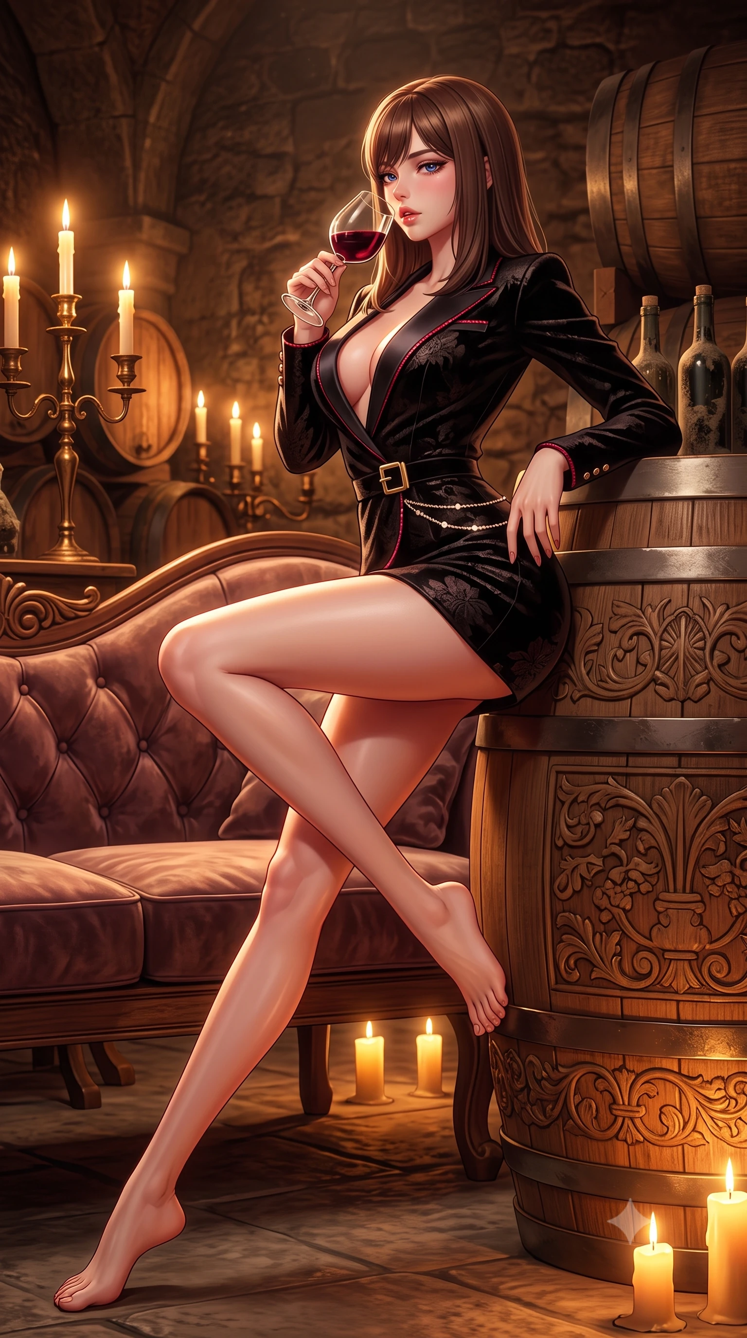 score_9, masterpiece, best quality, ultra-detailed, high-budget anime keyframe, semi-realistic 3D game render, editorial fashion photography, tasteful artistic composition, Korean woman. low angle full-body shot from head to toe showing her feet, filling the entire 9:16 vertical frame with her statuesque presence, stretching her vertical silhouette. reclining on her side in an elegant Cleopatra pose with one knee drawn up, the dramatic contour of her rounded hips and long slender legs commanding the 9:16 vertical frame while resting one hip against a massive carved oak wine barrel with lower back arched, raising a crystal goblet of deep red wine to her parted glossy lips while looking over her shoulder. The surrounding environment is rendered in vivid detail and crisp panoramic clarity. rich high-contrast French château chiaroscuro and decadent underground winery aesthetics rendered with precision. She has an absolutely perfect, statuesque 8.5-heads proportion, an exceptionally tall and slender model-like female figure with impossibly long slender legs, a toned flat midriff, an ultra-slim waist, and beautifully sculpted feminine hips. sharp v-shaped jawline, high-bridge nose, intricate jewel-like eyes with depth, thick eyelashes, glossy parted lips with a natural sheen, intensely captivating and seductive bedroom-eyes expression, flawlessly proportioned anatomical accuracy, strict slender model proportions, natural body alignment, perfectly sculpted long slender limbs, ultra-slim waistline, clean dynamic posture without body distortion. wearing a tailored velvet tuxedo jacket dress with satin lapels, worn with a deep plunge neckline and gold hip buckle in high-contrast black velvet and ruby crystal trim, made of rich textured floral silk jacquard with subtle gold thread, accented with a dainty diamond waist chain catching the cellar candlelight, the glove-like aerodynamic silhouette tightly following the natural contour of her hips and long slender legs with statuesque precision. bathed in warm flickering candlelight from antique candelabras and soft amber floor uplights. highly saturated vibrant anime colors, detailed shading with soft gradients, rich glossy textures, high-contrast stereoscopic depth, volumetric dynamic lighting, master piece, 9:16 ratio