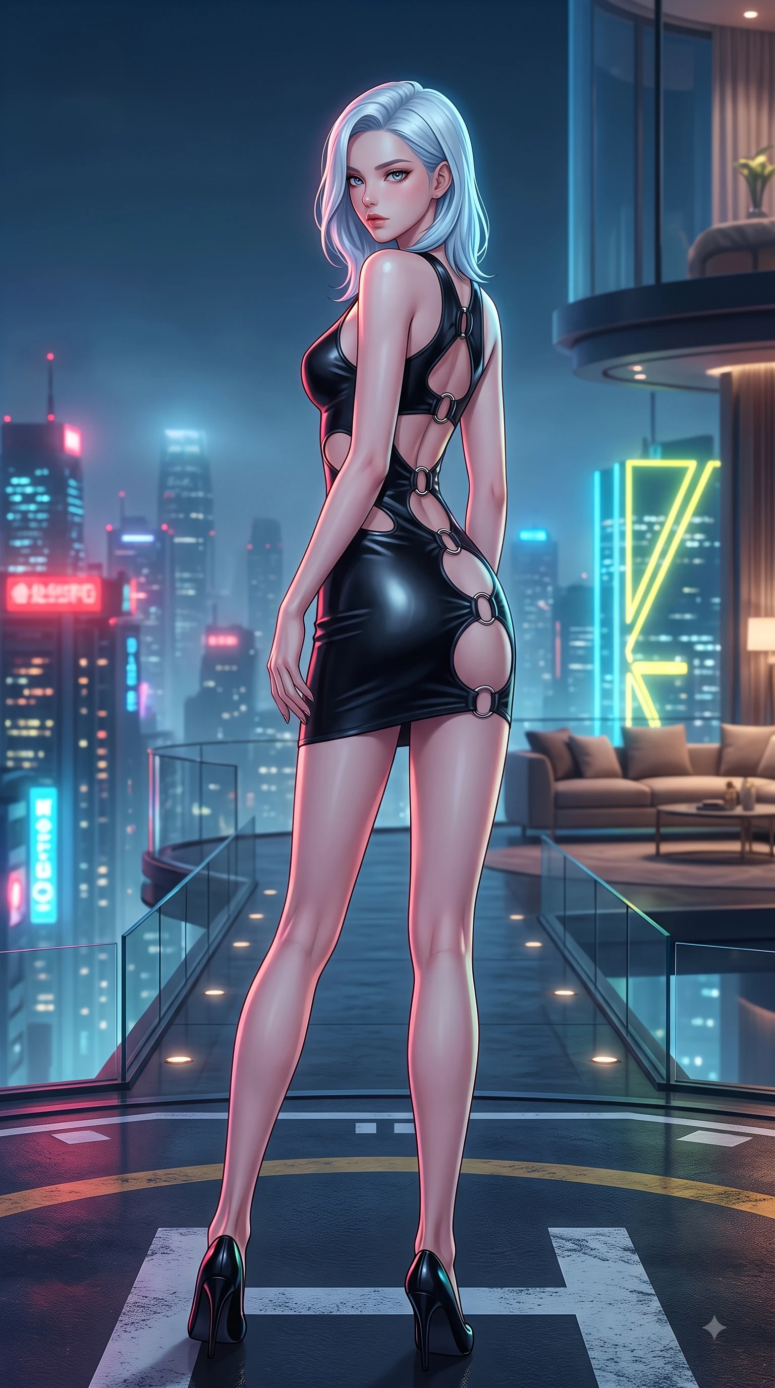 score_9, masterpiece, best quality, ultra-detailed, high-budget anime keyframe, editorial fashion photography, tasteful artistic composition, Korean woman woman. low angle full-body shot from head to toe showing her feet, filling the entire 9:16 vertical frame with her statuesque presence, stretching her vertical silhouette. She has an absolutely perfect, statuesque 8.5-heads proportion, an exceptionally tall and slender model-like female figure with impossibly long slender legs and an ultra-slim waist. turning fluidly while glancing back over her shoulder with magnetic intensity and statuesque grace, flawlessly proportioned anatomical accuracy, natural body alignment, perfectly sculpted elegant limbs, clean dynamic posture without body distortion. set against a soft-focus background of a penthouse helipad lounge overlooking a misty neon skyline. wearing an asymmetric cut-out mini dress in matte black latex with silver ring accents. bathed in vibrant city skyline night lights casting sleek specular reflections. highly saturated vibrant anime colors, detailed shading with soft gradients, rich glossy textures, high-contrast stereoscopic depth, volumetric dynamic lighting, master piece, 9:16 ratio