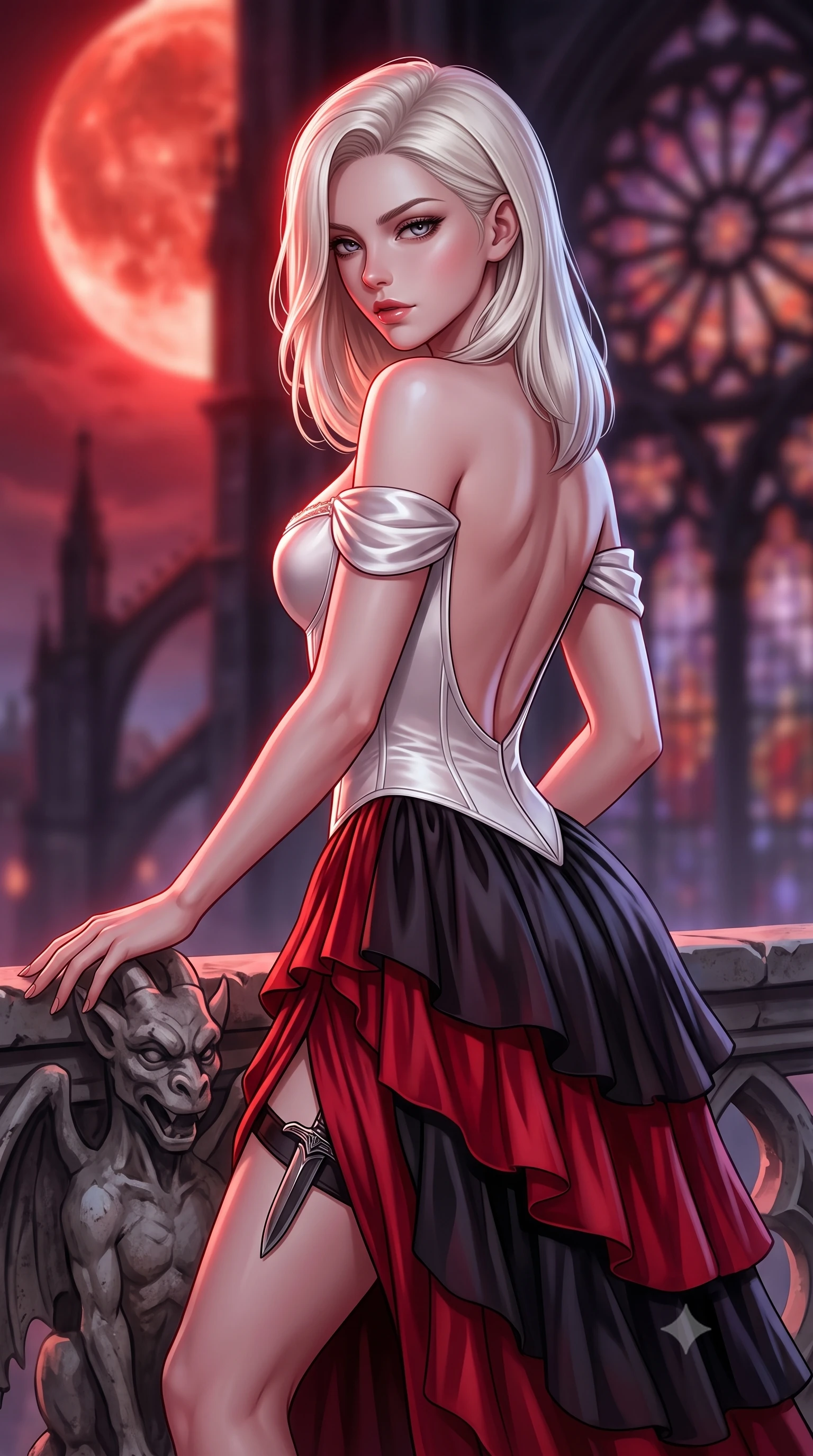 score_9, masterpiece, best quality, ultra-detailed, high-budget anime keyframe, semi-realistic 3D game render, editorial fashion photography, tasteful artistic composition, Caucasian woman. close-up cowboy shot from the waist and thighs up, the character dominates the composition, filling the frame with her large presence. leaning back with relaxed seductive grace, her sculpted collarbones highlighted by light, casting smoldering bedroom-eyes directly into the lens while resting one hand against a weathered gargoyle balustrade, looking back over her shoulder with an aloof, sovereign smirk. The composition keeps background elements in soft focus with creamy bokeh. colossal gothic rose windows and distant flying buttresses blurred into blood-orange, violet, and obsidian bokeh. She has an exceptionally elegant, slender, and willowy female figure with an ultra-slim waist, a gracefully sculpted slender torso, toned flat midriff, and a refined slim silhouette. sharp v-shaped jawline, high-bridge nose, intricate jewel-like eyes with depth, thick eyelashes, glossy parted lips with a natural sheen, intensely captivating and seductive expression, flawlessly proportioned anatomical accuracy, strict slender model proportions, natural body alignment, perfectly sculpted long slender limbs, ultra-slim waistline, clean dynamic posture without body distortion. wearing an off-shoulder Victorian corset bodice dress paired with a tiered gathered chiffon slit skirt in dramatic crimson and polished obsidian, tailored from ultra-smooth duchess satin with a pearlescent sheen, equipped with a concealed dagger sheath garter under her slit skirt, the dramatically scooped open back descending to the base of her spine, accentuating her razor-sharp statuesque lines and slim hourglass silhouette. bathed in surreal blood-red lunar eclipse backlighting and cool silver ambient fill. highly saturated vibrant anime colors, detailed shading with soft gradients, rich glossy textures, high-contrast stereoscopic depth, volumetric dynamic lighting, master piece, 9:16 ratio
