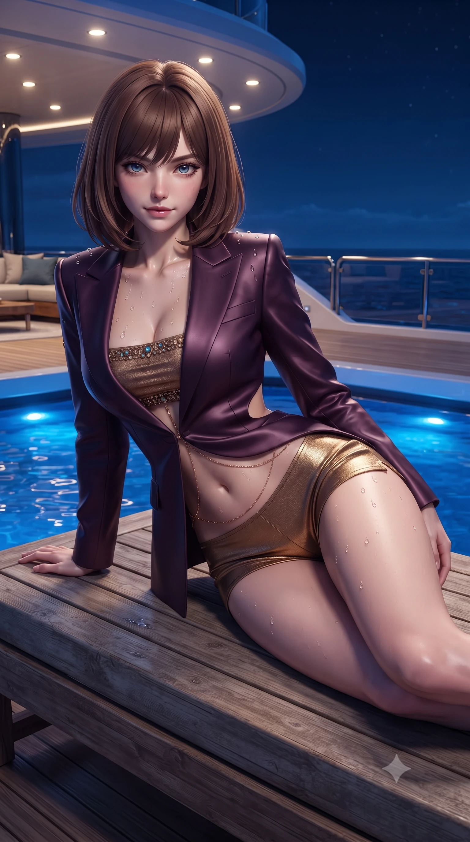 score_9, masterpiece, best quality, ultra-detailed, high-budget anime keyframe, editorial fashion photography, tasteful artistic composition, Caucasian woman. close-up cowboy shot from the waist and thighs up, the character dominates the composition, filling the frame with her large presence. leaning forward while arching her lower back to accentuate her curvy hips, looking into the camera with an intoxicating smoldering gaze and bedroom-eyes while lounging on an outdoor teak sunbed propped on one elbow, her flat midriff and long slender legs commanding the nocturnal ocean realm. The surrounding environment is rendered in vivid detail and crisp panoramic clarity: detailed wet-look neoprene zip monokini cling, gold body chain shine, and mega-yacht beach club architecture in high resolution. She has an exceptionally elegant, slender, and willowy female figure with an ultra-slim waist, flat toned midriff, narrow ribcage, and sculpted feminine hips creating an alluring, slim hourglass silhouette without bulk. sharp v-shaped jawline, high-bridge nose, sparkling eyes with hypnotic seductive depth, thick curled eyelashes, glossy parted lips with a natural dewy peach sheen, alluring bedroom-eyes with an enchanting coquettish smile, exuding magnetic siren charisma and sophisticated glamour, flawlessly proportioned anatomical accuracy, strict slender model proportions, natural body alignment, perfectly sculpted long slender limbs, ultra-slim waistline, clean dynamic posture without body distortion. wearing a tailored open-front satin smoking jacket worn over a jewel-embellished bandeau and micro-shorts in rich dark plum violet and gilded bronze, woven from buttery-soft stretch lambskin leather adhering to her body like a second skin, finished with glistening drops of pool water beading across her sculpted shoulders and collarbones, the precision-cut side openings and low-back scoop framing her graceful spine and the sensual sweep of her slim, toned hips. bathed in brilliant underwater sapphire LED hull lighting paired with warm recessed ceiling spotlights from the beach club salon. ultra-reflective glossy finish, specular highlights, rich textural contrasts, high-contrast stereoscopic depth, volumetric dynamic lighting, 2k, ultra detail, master piece, 9:16 ratio