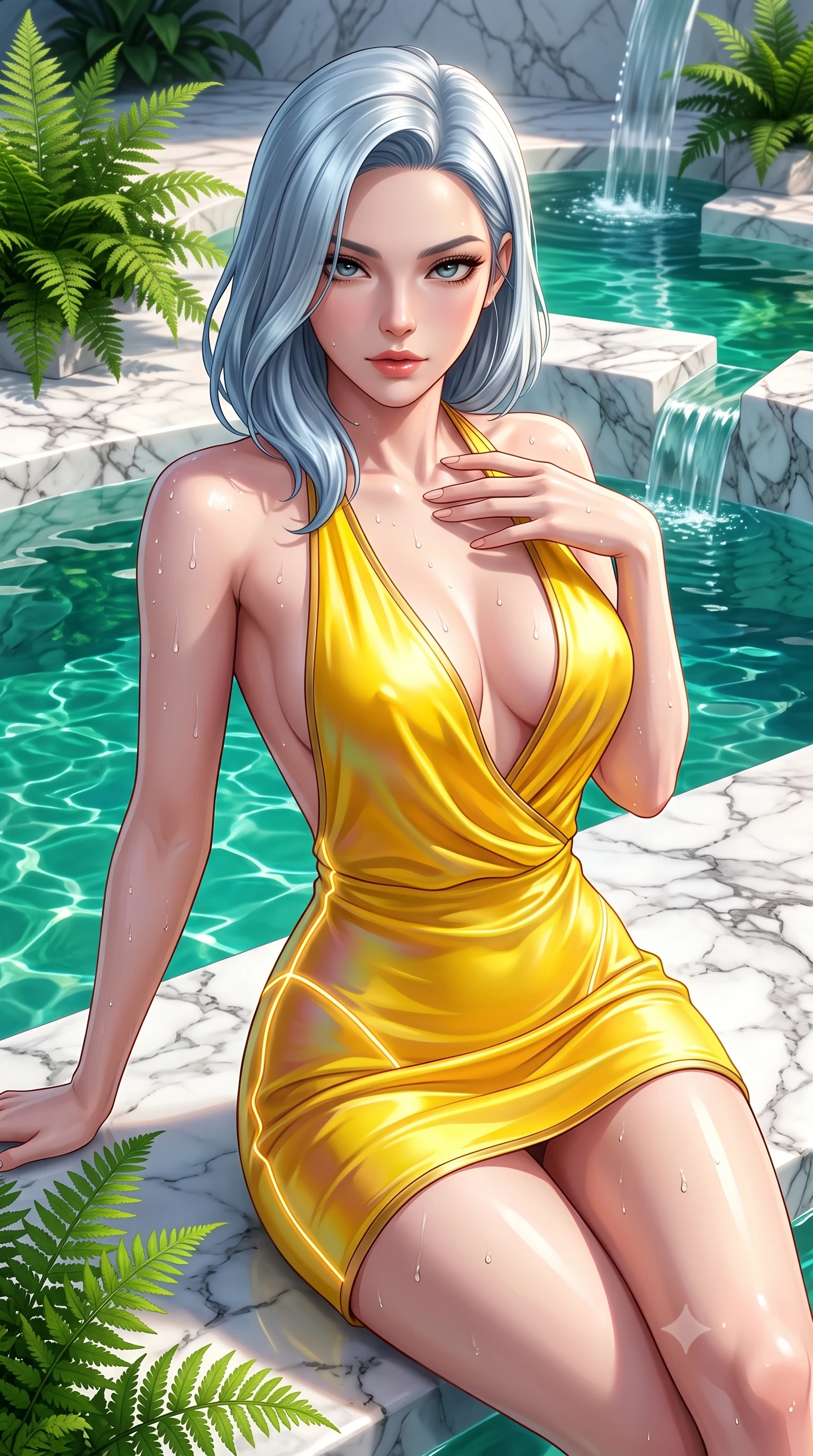 score_9, masterpiece, best quality, ultra-detailed, high-budget anime keyframe, semi-realistic 3D game render, editorial fashion photography, tasteful artistic composition, Korean woman. close-up cowboy shot from the waist and thighs up, the character dominates the composition, filling the frame with her large presence. leaning forward with a dangerous, enticing smolder, resting one hand near her collarbone while casting a fiery, magnetic direct gaze while reclining along a sunlit marble rock pool as clear cascading water droplets glisten across her bare shoulders. The surrounding environment is rendered in vivid detail and crisp panoramic clarity. intricate white marble stone veins, crystal-clear emerald water pools, and lush tropical ferns in deep focus. She has an exceptionally elegant, slender, and willowy female figure with an ultra-slim waist, a gracefully sculpted slender torso, toned flat midriff, and a refined slim silhouette. sharp v-shaped jawline, high-bridge nose, intricate jewel-like eyes with depth, thick eyelashes, glossy lips with a natural sheen, flawlessly proportioned anatomical accuracy, strict slender model proportions, natural body alignment, perfectly sculpted long slender limbs, ultra-slim waistline, clean dynamic posture without body distortion. wearing a form-contouring liquid satin halter-neck mini dress with a deep crossover cowl front, open back, and ultra-slender waist drape in vibrant sunburst canary yellow and gold trim, made of smooth iridescent silk chiffon that shifts colors with movement, accented with glowing fiber-optic seams tracing her collarbones and hip curves, the liquid-tight tailored fabric emphasizing every curve of her tall, slender model proportions and sculptured silhouette during dynamic movement. surrounded by a pristine, refreshing, and intensely seductive natural sanctuary atmosphere. highly saturated vibrant anime colors, detailed shading with soft gradients, rich glossy textures, high-contrast stereoscopic depth, volumetric dynamic lighting, master piece, 9:16 ratio