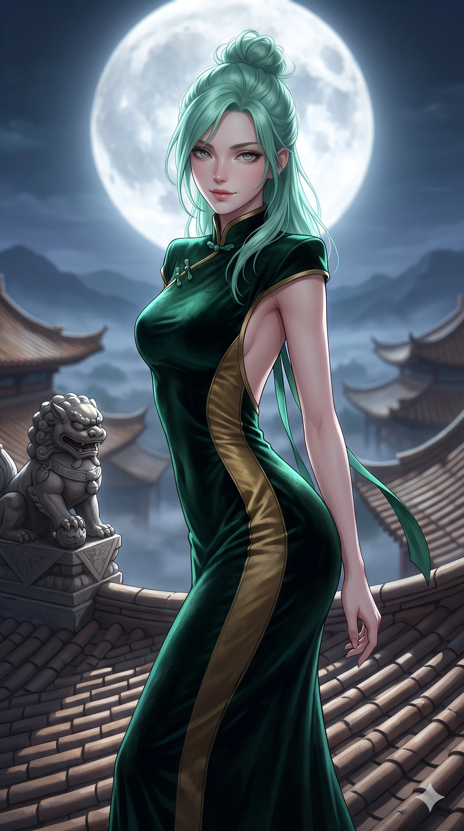 score_9, masterpiece, best quality, ultra-detailed, high-budget anime keyframe, semi-realistic 3D game render, editorial fashion photography, tasteful artistic composition, Japanese woman. close-up cowboy shot from the waist and thighs up, the character dominates the composition, filling the frame with her large presence. leaning forward while arching her lower back to accentuate her curvy hips, looking into the camera with an intoxicating smoldering gaze and bedroom-eyes while twisting her slender torso in an alluring S-curve beside the carved roof guardian chihmi sculpture, full moon blazing directly behind her silhouette. The background shows a soft-focus repeating tiers of curved clay-tiled palace roofs, sea of nocturnal valley mist, and distant mountain silhouettes blurred into slate, indigo, and silver bokeh. She has an exceptionally elegant, slender, and willowy female figure with an ultra-slim waist, flat toned midriff, narrow ribcage, and sculpted feminine hips creating an alluring, slim hourglass silhouette without bulk. sharp v-shaped jawline, high-bridge nose, sparkling eyes with hypnotic seductive depth, thick curled eyelashes, glossy parted lips with a natural dewy peach sheen, alluring bedroom-eyes with an enchanting coquettish smile, exuding magnetic siren charisma and sophisticated glamour, flawlessly proportioned anatomical accuracy, strict slender model proportions, natural body alignment, perfectly sculpted long slender limbs, ultra-slim waistline, clean dynamic posture without body distortion. wearing a refined high-collar fusion qipao evening column gown with structured shoulders and modest jade toggle clasps in dark emerald forest and brushed antique gold, tailored from crushed dark velvet with deep light-absorbing plush texture, finished with long silk ribbon ties fluttering down her bare spine from a backless halter, the impeccably tailored cut draping gracefully along her slender figure with aristocratic eastern poise. bathed in high-contrast unhindered celestial moonlight casting crisp geometric shadows across curved clay tiles. highly saturated vibrant anime colors, detailed shading with soft gradients, rich glossy textures, high-contrast stereoscopic depth, volumetric dynamic lighting, master piece, 9:16 ratio
