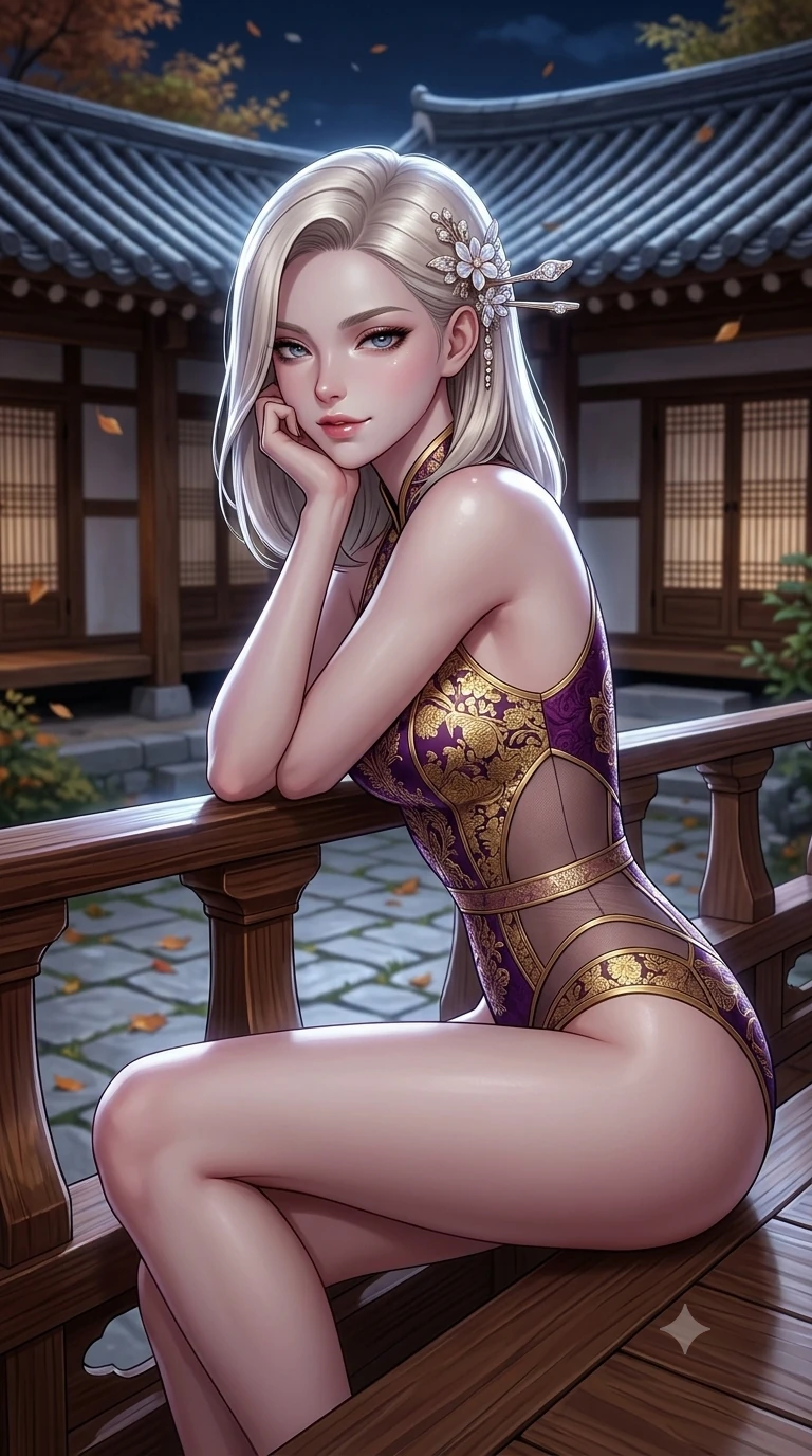 score_9, masterpiece, best quality, ultra-detailed, high-budget anime keyframe, semi-realistic 3D game render, editorial fashion photography, tasteful artistic composition, Caucasian woman. close-up cowboy shot from the waist and thighs up, the character dominates the composition, filling the frame with her large presence. resting one elbow on the lacquered balustrade and supporting her chin, leaning close to the camera with heavy-lidded sparkling eyes and parted lips while perched sideways on the wooden maru veranda edge, one knee drawn up to showcase her slender leg line while her arched back accentuates her feminine curves. The background shows a soft-focus historic Korean hanok courtyard softened in tranquil autumn night shallow focus. She has an exceptionally elegant, slender, and willowy female figure with an ultra-slim waist, flat toned midriff, narrow ribcage, and sculpted feminine hips creating an alluring, slim hourglass silhouette without bulk. sharp v-shaped jawline, high-bridge nose, sparkling eyes with hypnotic seductive depth, thick curled eyelashes, glossy parted lips with a natural dewy peach sheen, alluring bedroom-eyes with an enchanting coquettish smile, exuding magnetic siren charisma and sophisticated glamour, flawlessly proportioned anatomical accuracy, strict slender model proportions, natural body alignment, perfectly sculpted long slender limbs, ultra-slim waistline, clean dynamic posture without body distortion. wearing a delicate semi-translucent wet-look mesh hanbok bodysuit clinging sheerly to her sculpted torso and hip curves in imperial gold and royal plum purple, featuring strategic sheer-illusion micro-mesh cutouts along her ribcage and hip flanks, finished with delicate mother-of-pearl hairpin ornaments glinting in her dark glossy hair, the form-fitting cut adhering flawlessly to her sculpted flat midriff and slender torso, emphasizing her long leg lines and perfectly proportioned willowy build. bathed in crisp autumn moonlight washing across curved clay roof tiles and stone courtyards. highly saturated vibrant anime colors, detailed shading with soft gradients, rich glossy textures, high-contrast stereoscopic depth, volumetric dynamic lighting, master piece, 9:16 ratio