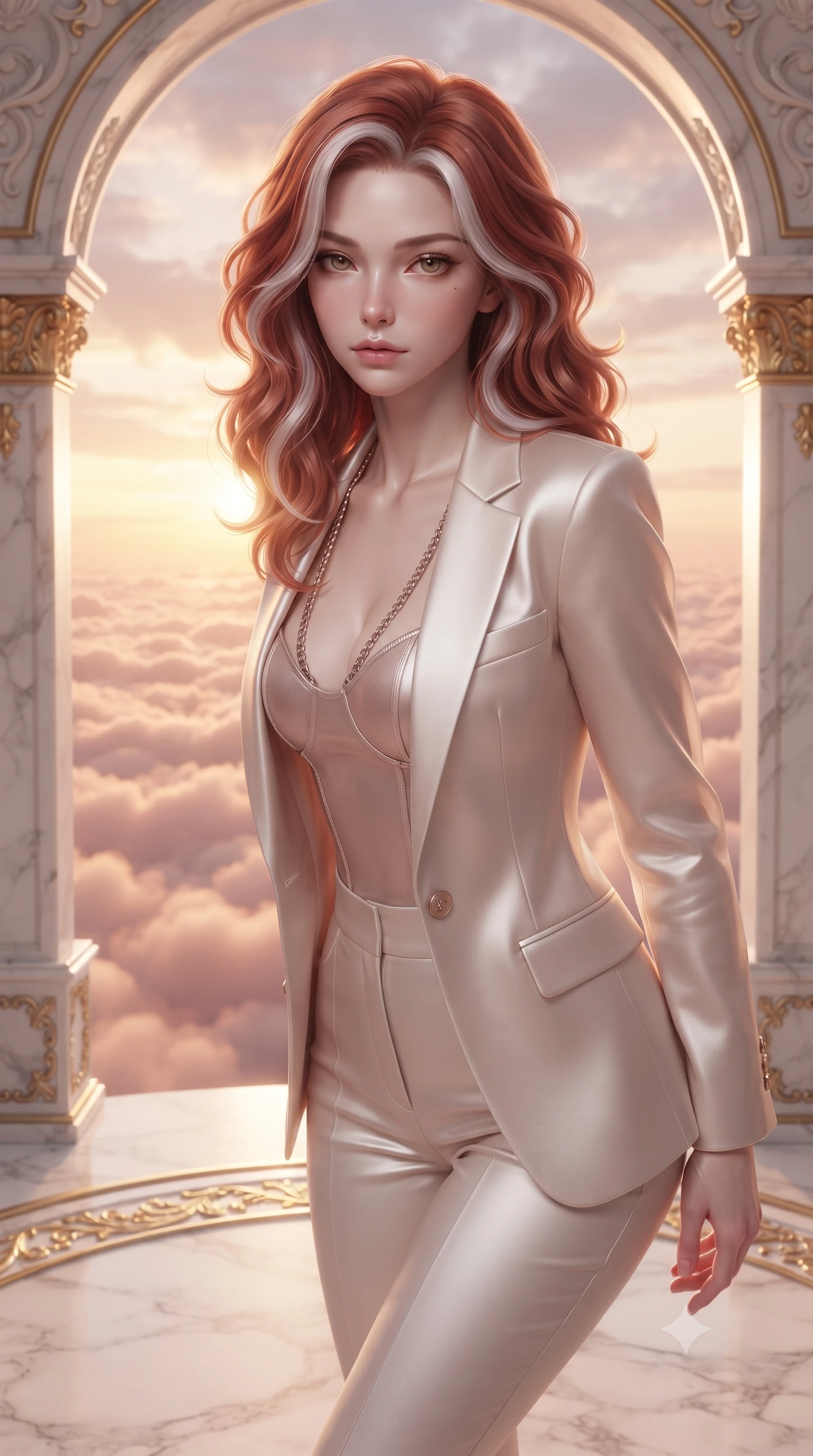 score_9, masterpiece, best quality, ultra-detailed, high-budget anime keyframe, editorial fashion photography, tasteful artistic composition, Caucasian woman. close-up cowboy shot from the waist and thighs up, the character dominates the composition, filling the frame with her large presence, background elements kept in soft focus. Leaning slightly forward with a composed, seductive gaze under soft glowing light standing on a floating white marble terrace above a sea of rose-gold clouds, opulent gold-leaf trim and carved ivory archways framed beautifully. She has an exceptionally elegant, slender, and willowy female figure with an ultra-slim waist, a gracefully sculpted slender torso, and a refined silhouette. sharp v-shaped jawline, high-bridge nose, intricate jewel-like eyes with depth, thick eyelashes, glossy lips with a natural sheen. wearing a tailored silk blazer over a form-contouring top and fitted slacks in pearl white and rose gold, woven from fine semi-opaque sheer organza, adorned with delicate metallic chain straps along the neckline, the glove-like fit emphasizing her statuesque silhouette. illuminated by soft glowing sunset radiance with dramatic golden rim highlights. ultra-reflective glossy finish, specular highlights, metallic sheen, high-contrast stereoscopic depth, volumetric dynamic lighting, 2k, ultra detail, master piece, 9:16 ratio