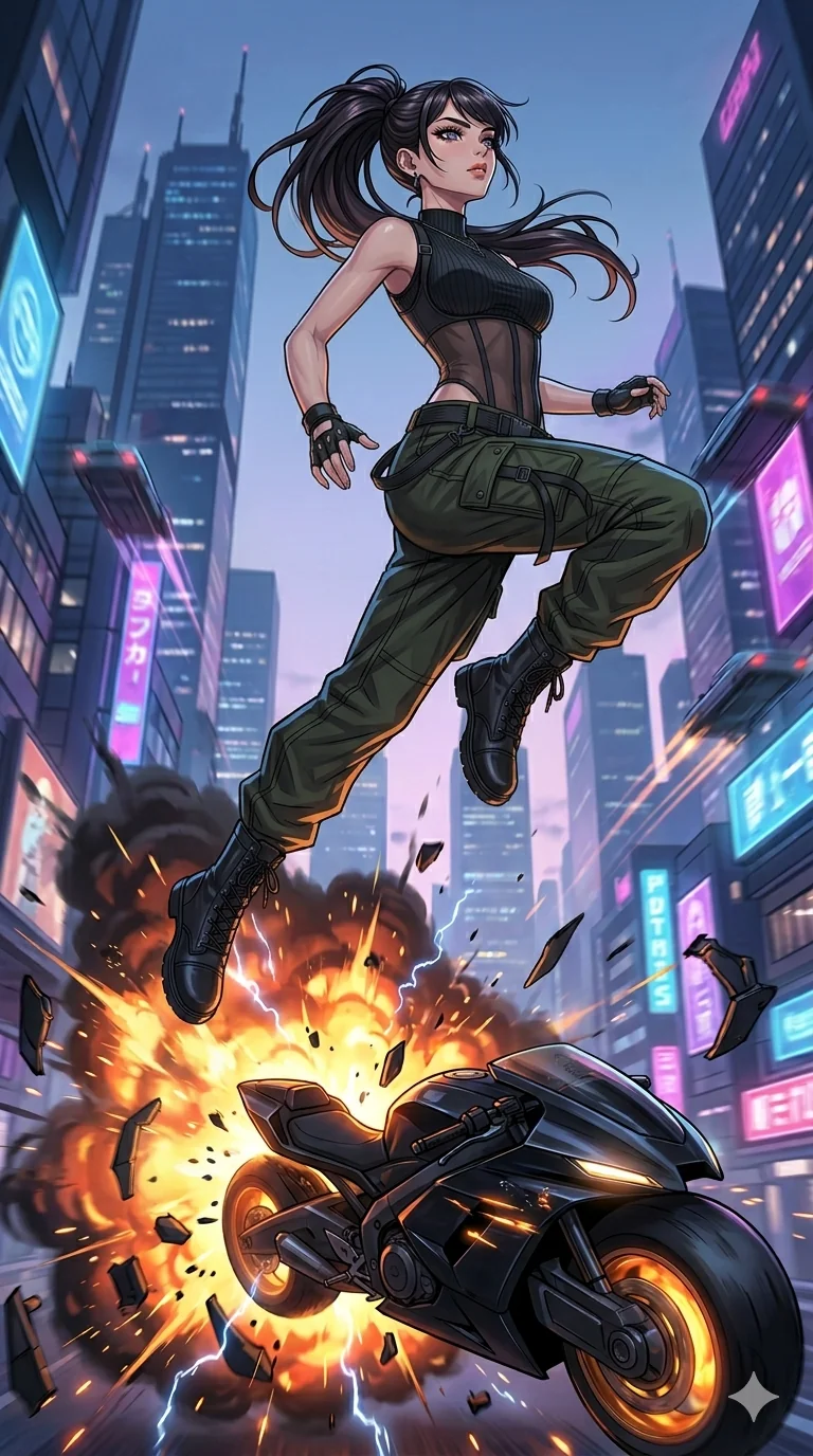 score_9, masterpiece, best quality, ultra-detailed, high-budget anime movie keyframe, cinematic anime lighting, intricate line art, Japanese anime girl. Dynamic full-body shot stretching the vertical silhouette with extreme perspective. launching herself into the air from a exploding hover-bike. She has an absolutely perfect 8-heads proportion, an exceptionally tall and slender female figure with an ultra-slim waist and impossibly long slender legs. strictly human anatomy, two legs only, no extra limbs, clearly defined legs and arms, perfect anatomy, perfect hands and fingers. sharp v-shaped jawline, high-bridge nose, intricate jewel-like eyes, thick eyelashes, glossy lips. Wearing Urban Trendsetter: Ribbed bodycon dress, crop top with high-waist denim, and sheer corset with cargo pants. The scene is illuminated by dramatic atmospheric lighting and vibrant color palettes. , 2k, ultra detail, master piece, 9:16 ratio
