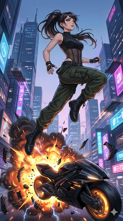 score_9, masterpiece, best quality, ultra-detailed, high-budget anime movie keyframe, cinematic anime lighting, intricate line art, Japanese anime girl. Dynamic full-body shot stretching the vertical silhouette with extreme perspective. launching her