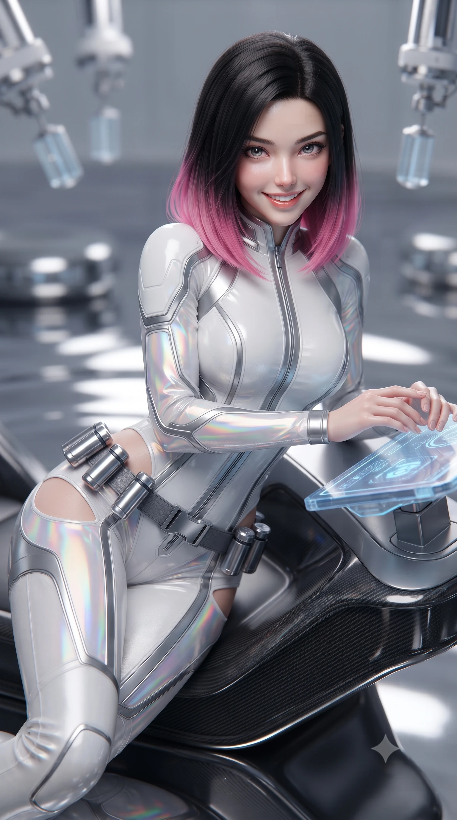 score_9, masterpiece, best quality, ultra-detailed, high-budget anime keyframe, editorial fashion photography, tasteful artistic composition, Korean woman. close-up cowboy shot from the waist and thighs up, the character dominates the composition, filling the frame with her large presence. resting both hands lightly on the holoscreen pedestal while leaning toward the lens with a teasing smirk, her tight combat suit hugging her narrow waist and feminine hip curve while lounging on an elevated carbon-composite console propped on one elbow, her flat midriff and long slender limbs glowing in liquid metal reflections. The background shows a soft-focus hovering molecular printer arms and magnetic field emitters softened in high-tech foundry shallow focus. She has an exceptionally elegant, slender, and willowy female figure with an ultra-slim waist, flat toned midriff, narrow ribcage, and sculpted feminine hips creating an alluring, slim hourglass silhouette without bulk. sharp v-shaped jawline, high-bridge nose, intricate jewel-like sparkling eyes with depth, thick eyelashes, glossy parted lips with a natural sheen, bright confident smile with an enchanting and coquettish sensual glint, exuding both youthful magnetic charm and sovereign high-tech allure, flawlessly proportioned anatomical accuracy, strict slender model proportions, natural body alignment, perfectly sculpted long slender limbs, ultra-slim waistline, clean dynamic posture without body distortion. wearing a high-performance speeder pilot catsuit with ergonomic silicone grip lines and strategic hip cutouts in pure alabaster white and brushed silver accents, woven from layered gossamer holographic organza casting chromatic prism reflections, accented with a sleek utility belt with polished magnetic canisters resting loosely on her curvy hips, the high-waisted tailoring accentuating her ultra-slim waistline and the enchanting curve of her feminine hips with alluring dark charm. bathed in the blinding mirror-like sheen and specular reflections of liquid mercury pools. ultra-reflective glossy finish, specular highlights, rich textural contrasts, high-contrast stereoscopic depth, volumetric dynamic lighting, 2k, ultra detail, master piece, 9:16 ratio