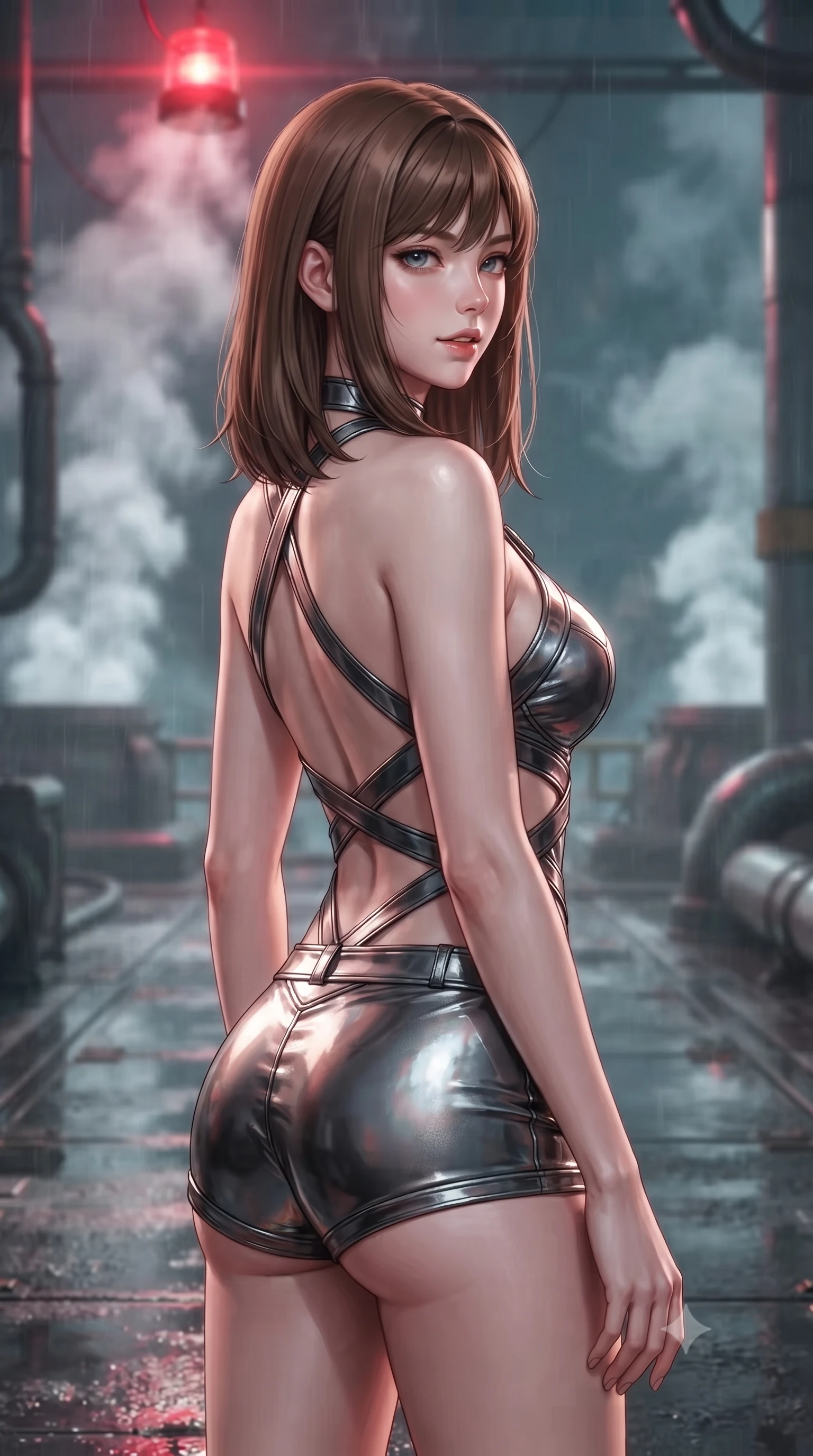 score_9, masterpiece, best quality, ultra-detailed, high-budget anime keyframe, editorial fashion photography, tasteful artistic composition, Korean woman. close-up cowboy shot from the waist and thighs up, the character dominates the composition, filling the frame with her large presence, background elements kept in soft focus. turning her face in profile to look over her shoulder, casting a smoldering side gaze with lips slightly parted, the background shows a soft-focus a wet maintenance dock inside an undersea volcano crater with steam vents. She has an exceptionally elegant, slender, and willowy female figure with an ultra-slim waist, a gracefully sculpted slender torso, and a refined silhouette. sharp v-shaped jawline, high-bridge nose, intricate jewel-like eyes with depth, thick eyelashes, glossy lips with a natural sheen. wearing a body-hugging backless halter-neck combat top with criss-cross strapping, paired with carbon-alloy micro-shorts. underground steam vents catching a pulsing crimson warning beacon light from above. ultra-reflective glossy finish, specular highlights, metallic sheen, high-contrast stereoscopic depth, volumetric dynamic lighting, 2k, ultra detail, master piece, 9:16 ratio