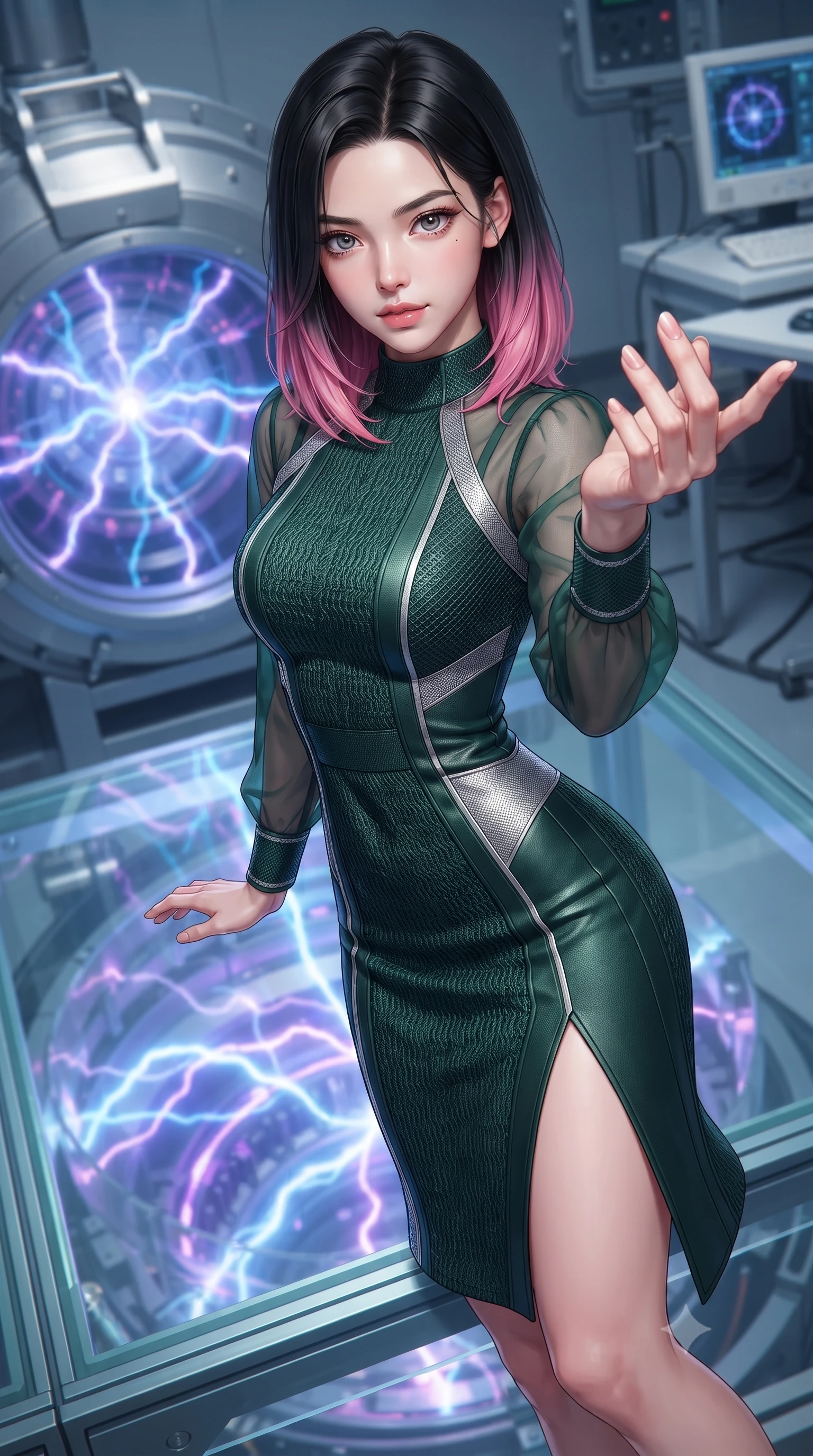 score_9, masterpiece, best quality, ultra-detailed, high-budget anime keyframe, editorial fashion photography, tasteful artistic composition, Korean woman. close-up cowboy shot from the waist and thighs up, the character dominates the composition, filling the frame with her large presence, background elements kept in soft focus. Reaching one hand gracefully toward the viewer with effortless superiority and allure poised on a glass platform over a quantum particle accelerator core, glowing plasma arcs pulsating rhythmically in the background. She has an exceptionally elegant, slender, and willowy female figure with an ultra-slim waist, a gracefully sculpted slender torso, and a refined silhouette. sharp v-shaped jawline, high-bridge nose, intricate jewel-like eyes with depth, thick eyelashes, glossy lips with a natural sheen. wearing a sleek bodycon knit dress with sheer organza sleeve panels in deep emerald green and silver accent, made of fine carbon-fiber weave and soft matte leather, finished with a sleek side slit ascending to mid-thigh, the tailored fabric tightly following every curve of her athletic build. surrounded by a crisp high-tech illumination highlighting every sleek curve. highly saturated vibrant anime colors, detailed shading with soft gradients, rich glossy textures, high-contrast stereoscopic depth, volumetric dynamic lighting, master piece, 9:16 ratio