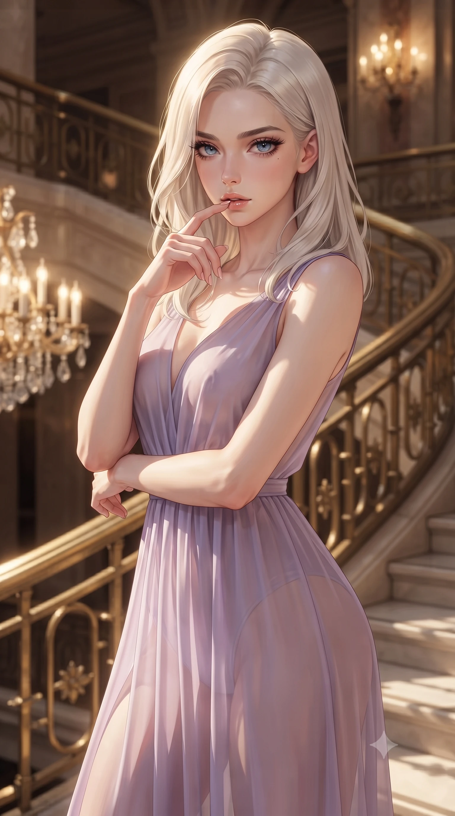 score_9, masterpiece, best quality, ultra-detailed, high-budget anime keyframe, editorial fashion photography, tasteful artistic composition, Caucasian woman. close-up cowboy shot from the waist and thighs up, the character dominates the composition, filling the frame with her large presence, background elements kept in soft focus. pressing one finger to her bottom lip in a thoughtful, seductive gesture under the warm sun the background shows a soft-focus the grand staircase lobby of an opera house with brass railings and crystal details. She has an exceptionally elegant, slender, and willowy female figure with an ultra-slim waist, a gracefully sculpted slender torso, and a refined silhouette. sharp v-shaped jawline, high-bridge nose, intricate jewel-like eyes with depth, thick eyelashes, glossy lips with a natural sheen. wearing a form-contouring semi-transparent chiffon maxi dress in lavender, showing her silhouette through the sheer fabric. soft spotlighting highlighting the silk textures of her gown. ultra-reflective glossy finish, specular highlights, metallic sheen, high-contrast stereoscopic depth, volumetric dynamic lighting, 2k, ultra detail, master piece, 9:16 ratio
