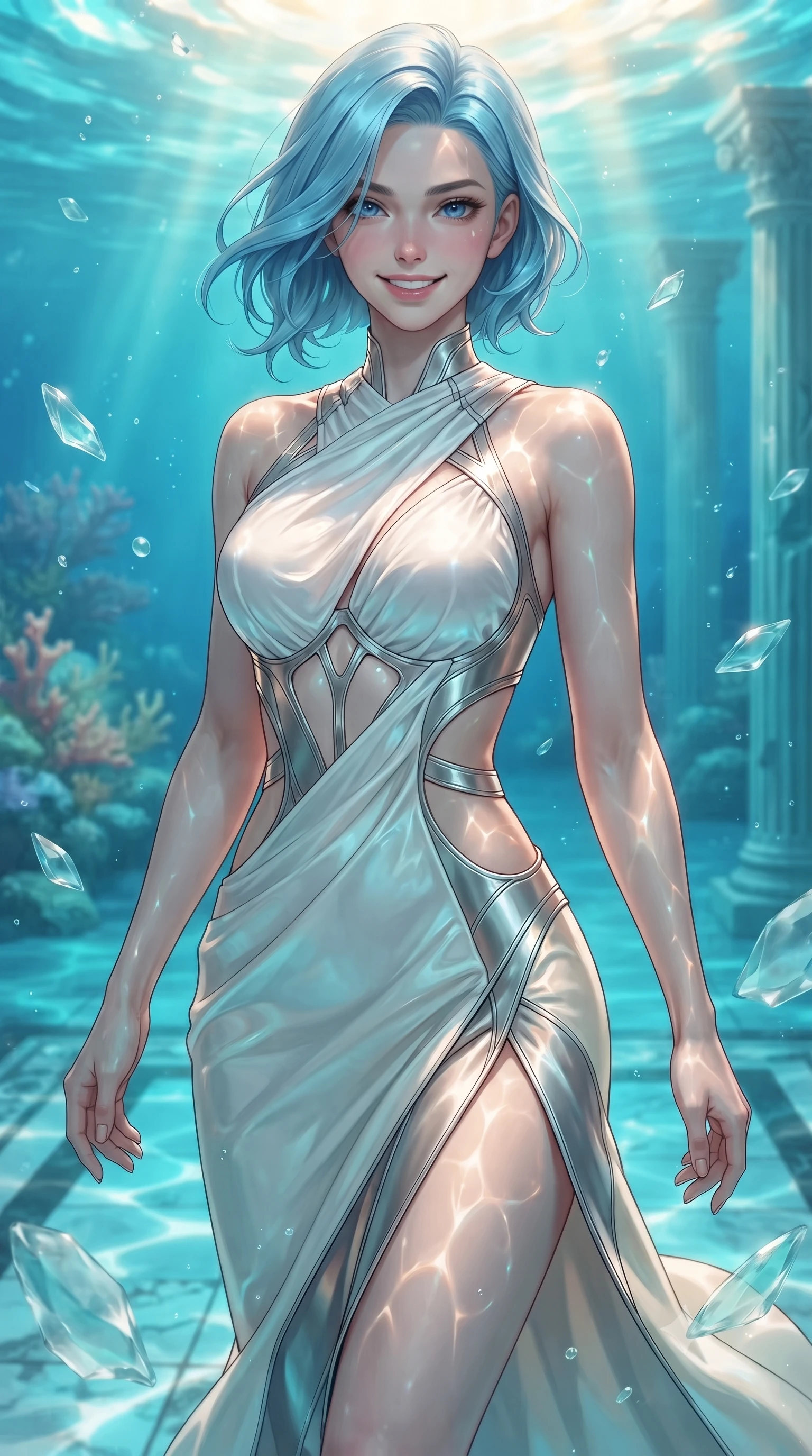 score_9, masterpiece, best quality, ultra-detailed, high-budget anime keyframe, editorial fashion photography, tasteful artistic composition, Korean woman. close-up cowboy shot from the waist and thighs up, the character dominates the composition, filling the frame with her large presence, background elements kept in soft focus. Smiling with quiet, magnetic self-assurance directly into the camera, gliding over a marble mosaic floor underwater illuminated by caustic sunlight, translucent sea glass fragments drifting gracefully around her. She has an exceptionally elegant, slender, and willowy female figure with an ultra-slim waist, a gracefully sculpted slender torso, and a refined silhouette. sharp v-shaped jawline, high-bridge nose, intricate jewel-like eyes with depth, thick eyelashes, glossy lips with a natural sheen. wearing draped white silk gown featuring graceful waist cutouts and thigh slit in metallic silver, made of polished ivory leather, highlighted by a platinum metallic harness structure, sculpting her athletic slender build with refined precision. illuminated by luminous aqua bioluminescence and warm golden top rays. ultra-reflective glossy finish, specular highlights, metallic sheen, high-contrast stereoscopic depth, volumetric dynamic lighting, 2k, ultra detail, master piece, 9:16 ratio