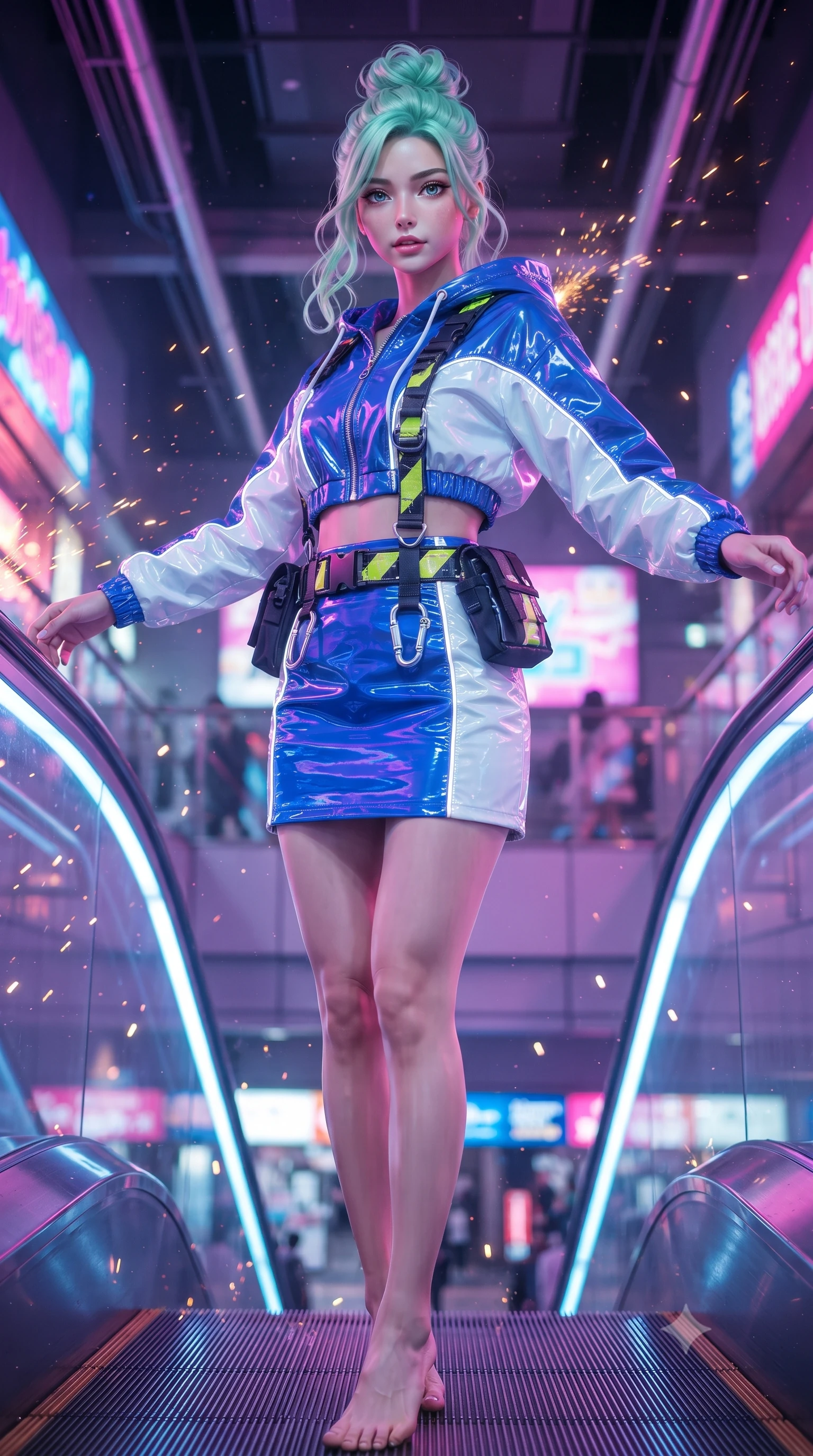 score_9, masterpiece, best quality, ultra-detailed, high-budget anime keyframe, editorial fashion photography, tasteful artistic composition, Japanese woman. low angle full-body shot from head to toe showing her feet, filling the entire 9:16 vertical frame with her statuesque presence, stretching her vertical silhouette. executing an elegant mid-motion spin with effortless grace, her garments fluttering softly around her ultra-slim waistline while striding down the neon-drenched escalator with confident Y2K swagger and athletic model poise. The composition keeps background elements in soft focus with creamy bokeh. sparks from overhead power rails and floating dust particles catching neon light motes. She has an absolutely perfect, statuesque 8.5-heads proportion, an exceptionally tall and slender model-like female figure with impossibly long slender legs, a toned flat midriff, and an ultra-slim waist. sharp v-shaped jawline, high-bridge nose, intricate jewel-like eyes with depth, thick eyelashes, glossy lips with a natural sheen, captivating and magnetic expression, flawlessly proportioned anatomical accuracy, strict slender model proportions, natural body alignment, perfectly sculpted long slender limbs, ultra-slim waistline, clean dynamic posture without body distortion. wearing a glossy patent-leather mini skirt paired with a zippered crop hoodie and tactical utility belt in electric cobalt blue and high-gloss white, tailored from lightweight crinkle nylon with glowing reflective piping, finished with reflective safety hazard tape details and carabiner clips, the sleek tailored cut tightly hugging her graceful clavicle, narrow waist, and feminine curves with statuesque precision. illuminated by crisp specular highlights defining her toned flat midriff and athletic curves. ultra-reflective glossy finish, specular highlights, rich textural contrasts, high-contrast stereoscopic depth, volumetric dynamic lighting, 2k, ultra detail, master piece, 9:16 ratio
