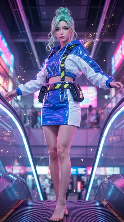 score_9, masterpiece, best quality, ultra-detailed, high-budget anime keyframe, editorial fashion photography, tasteful artistic composition, Japanese woman. low angle full-body shot from head to toe showing her feet, filling the entire 9:16 vertical