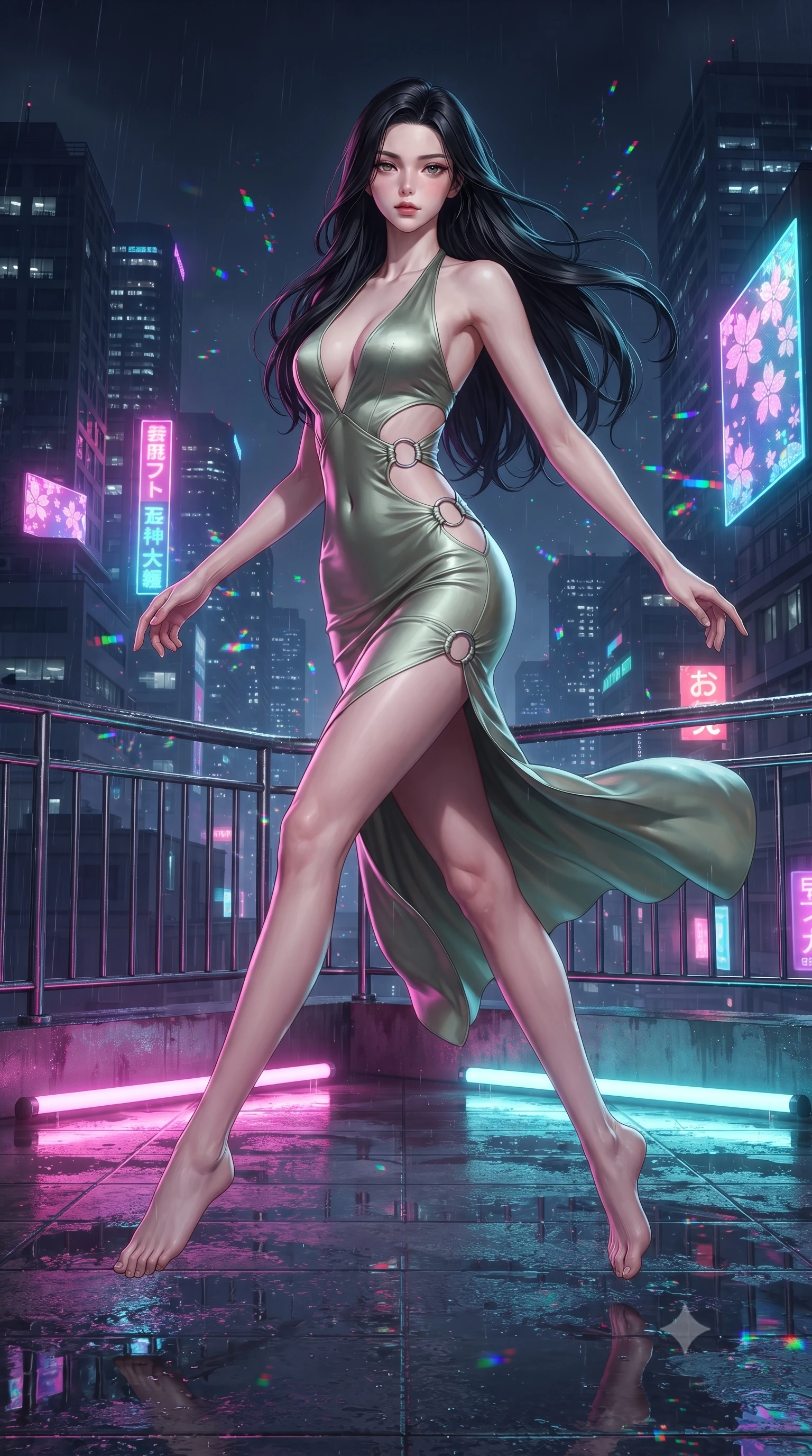score_9, masterpiece, best quality, ultra-detailed, high-budget anime keyframe, editorial fashion photography, tasteful artistic composition, Korean woman. low angle full-body shot from head to toe showing her feet, filling the entire 9:16 vertical frame with her statuesque presence, stretching her vertical silhouette. leaping gracefully through mid-air with statuesque elegance, her impossibly long slender legs stretched in perfect balance while pivoting gracefully on a rain-slicked balcony as RGB glitch noise scatters nearby, wet rooftop surfaces reflecting glowing pink, purple, and cyan neon light bars. She has an absolutely perfect, statuesque 8.5-heads proportion, an exceptionally tall and slender model-like female figure with impossibly long slender legs and an ultra-slim waist. sharp v-shaped jawline, high-bridge nose, intricate jewel-like eyes with depth, thick eyelashes, glossy lips with a natural sheen, flawlessly proportioned anatomical accuracy, natural body alignment, perfectly sculpted elegant limbs, clean dynamic posture without body distortion. wearing a deep-scoop halter bodycon dress with hip cutouts connected by silver rings in sage green and oatmeal, crafted from smooth liquid silk, featuring clean architectural cutouts along her slender torso, the glove-like fit emphasizing her statuesque silhouette during motion. illuminated by glowing holographic sakura radiance and wet specular reflections. ultra-reflective glossy finish, specular highlights, metallic sheen, high-contrast stereoscopic depth, volumetric dynamic lighting, 2k, ultra detail, master piece, 9:16 ratio