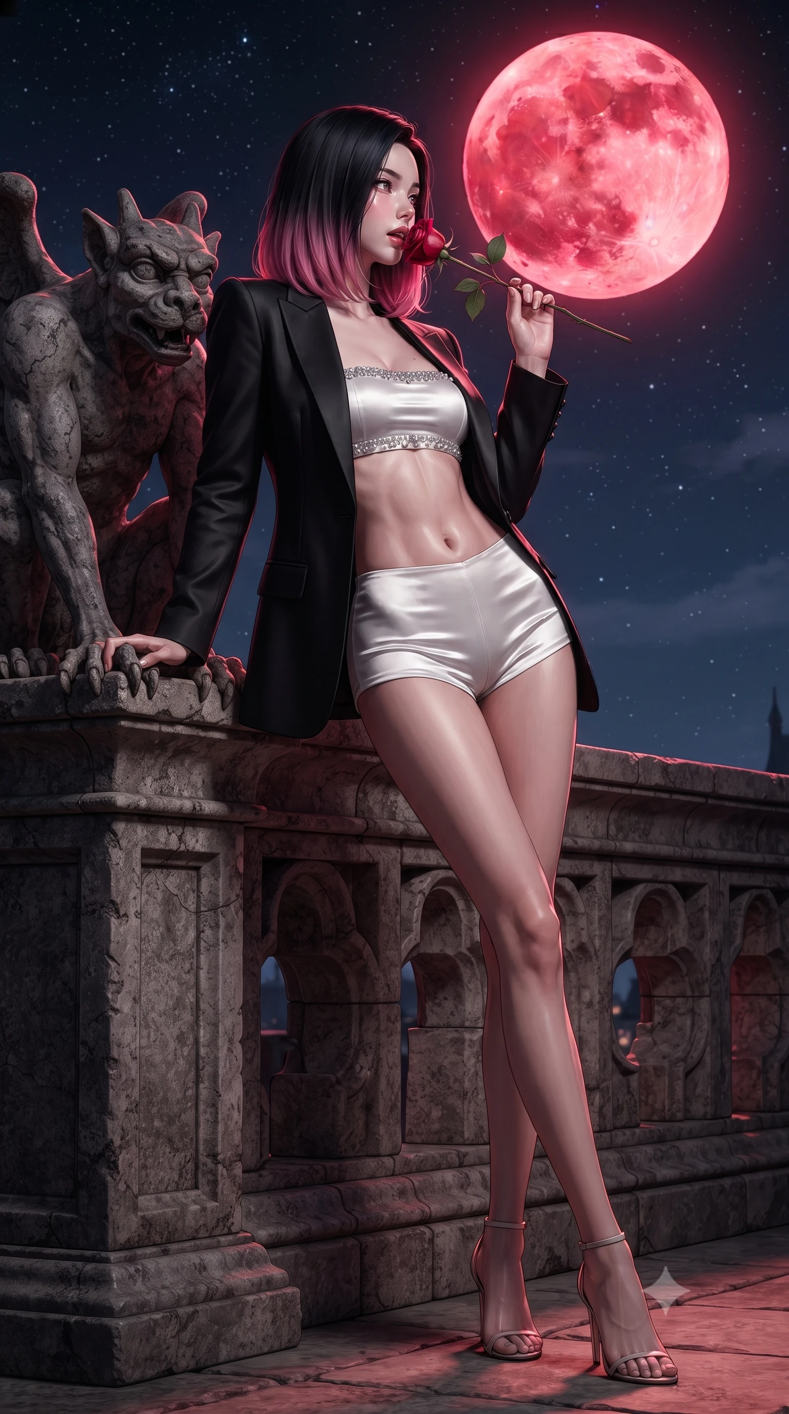 score_9, masterpiece, best quality, ultra-detailed, high-budget anime keyframe, editorial fashion photography, tasteful artistic composition, Korean woman. low angle full-body shot from head to toe showing her feet, filling the entire 9:16 vertical frame with her statuesque presence, stretching her vertical silhouette. walking along the terrace with poise, looking back over her bare shoulder with an irresistible smoldering bedroom-gaze while leaning against the carved stone gargoyle parapet with hips cocked back, looking back toward the giant crimson moon with bedroom-eyes. The surrounding environment is rendered in vivid detail and crisp panoramic clarity: sharp weathered stone crenelations, carved granite gargoyle claws, and lunar crater surface details in deep focus. She has an absolutely perfect, statuesque 8.5-heads proportion, an exceptionally tall and slender model-like female figure with impossibly long slender legs, an ultra-slim waist, a flat toned midriff, narrow delicate ribcage, and beautifully sculpted feminine hips creating a graceful, slim hourglass silhouette without any bulky heaviness. sharp v-shaped jawline, high-bridge nose, sparkling eyes with hypnotic seductive depth, thick curled eyelashes, glossy parted lips with a natural dewy peach sheen, alluring bedroom-eyes with an enchanting coquettish smile, exuding magnetic siren charisma and sophisticated glamour, flawlessly proportioned anatomical accuracy, strict slender model proportions, natural body alignment, perfectly sculpted long slender limbs, ultra-slim waistline, clean dynamic posture without body distortion. wearing a tailored open-front minimal smoking blazer worn over a jewel-embellished bandeau and micro-shorts in high-contrast minimalist monochrome black and pure alabaster white, crafted from fluid liquid silk satin that clings smoothly to every curve with a dewy sheen, accented with a single fresh-cut long-stemmed crimson rose held delicately near her parted lips, the form-contouring silhouette accentuating her sculpted flat midriff, narrow delicate ribcage, and gracefully curvy hips with intoxicating allure. illuminated by stone parapet reflection fill and sharp deep-crimson rim lights sculpting her jawline, flat midriff, and curvy hips. ultra-reflective glossy finish, specular highlights, rich textural contrasts, high-contrast stereoscopic depth, volumetric dynamic lighting, 2k, ultra detail, master piece, 9:16 ratio