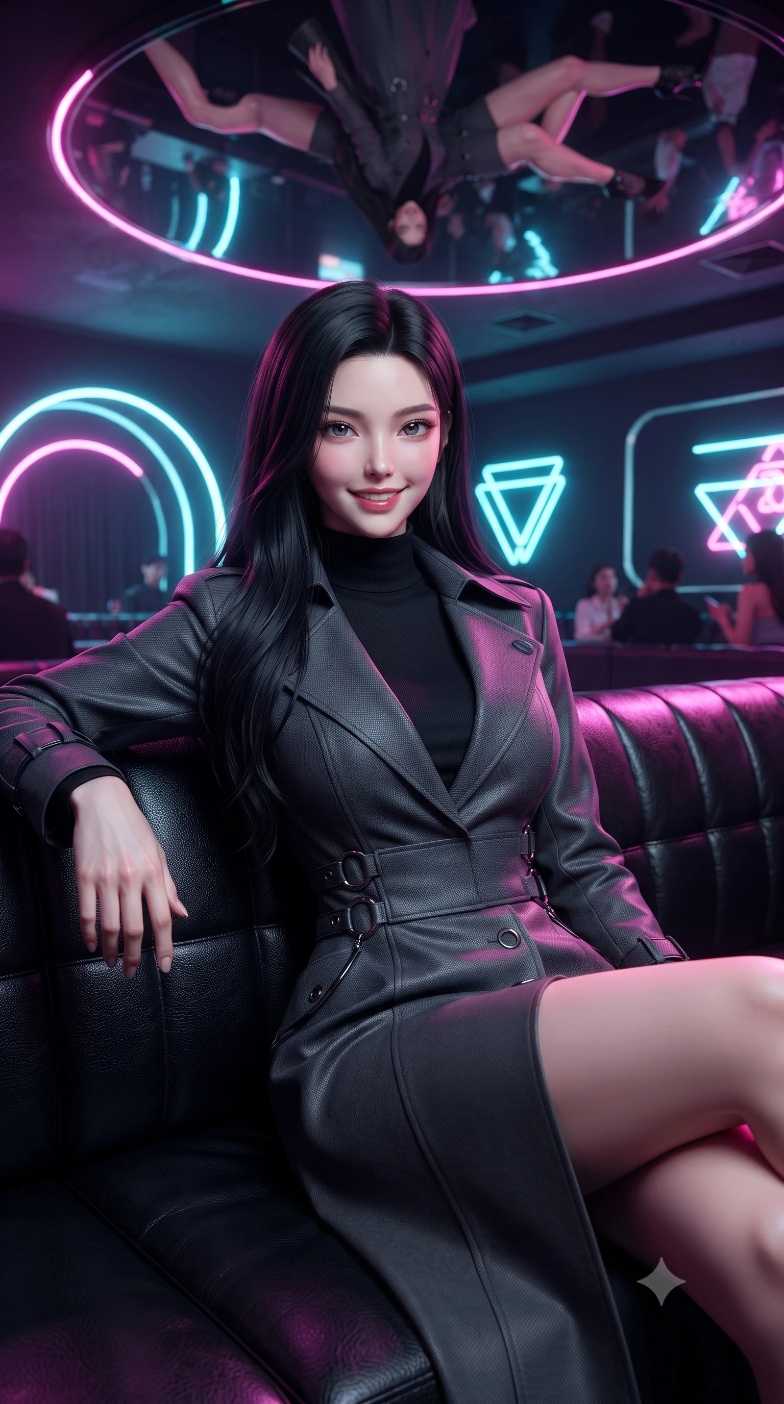 score_9, masterpiece, best quality, ultra-detailed, high-budget anime keyframe, editorial fashion photography, tasteful artistic composition, Korean woman. close-up cowboy shot from the waist and thighs up, the character dominates the composition, filling the frame with her large presence, background elements kept in soft focus. Smiling with quiet, magnetic self-assurance directly into the camera, lounging on a dark vinyl couch in a private retro-futuristic lounge at 2 AM, mirror ceiling reflecting her statuesque figure and neon arcs in high resolution. She has an exceptionally elegant, slender, and willowy female figure with an ultra-slim waist, a gracefully sculpted slender torso, and a refined silhouette. sharp v-shaped jawline, high-bridge nose, intricate jewel-like eyes with depth, thick eyelashes, glossy lips with a natural sheen. wearing structured charcoal trench dress over sleek turtleneck in pitch-black onyx, made of matte carbon-fiber weave, trimmed with dark chrome ring hardware along the waist contours, sculpting her athletic slender build with refined precision. illuminated by vibrant magenta and cyan neon rim light against pitch-black leather. ultra-reflective glossy finish, specular highlights, metallic sheen, high-contrast stereoscopic depth, volumetric dynamic lighting, 2k, ultra detail, master piece, 9:16 ratio