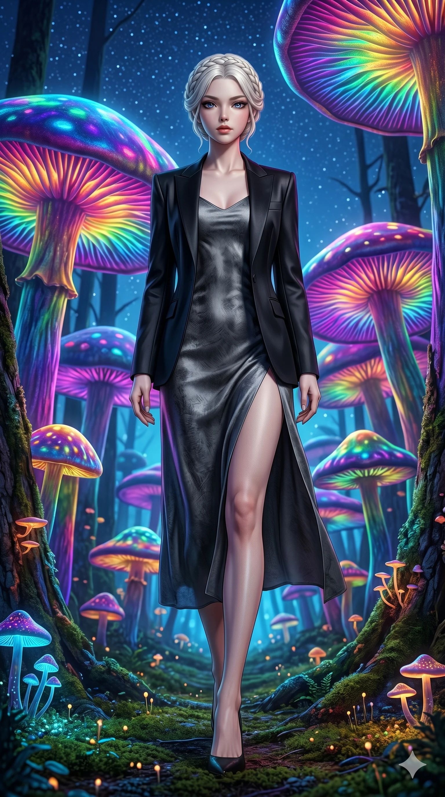 score_9, masterpiece, best quality, ultra-detailed, Set A: Photorealistic 8k CG, Japanese woman. Low angle cowboy shot filling the entire 9:16 frame with her statuesque presence. Walking through a forest of giant mushrooms that glow in rainbow colors under a starry sky. She has an absolutely perfect 8-heads proportion, an exceptionally tall and slender female figure with elegant long slender legs and an slender waist. Sharp v-shaped jawline, high-bridge nose, intricate jewel-like eyes with depth, thick eyelashes, glossy lips. Wearing a High-Fashion Editorial outfit: silk slip dress with a high side slit and structured blazer. Background is a bright and colorful fantasy forest with glowing spores and vibrant mushroom caps. 2k, ultra detail, master piece, 9:16 ratio