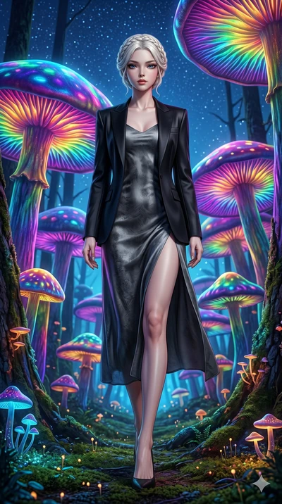 score_9, masterpiece, best quality, ultra-detailed, Set A: Photorealistic 8k CG, Japanese woman. Low angle cowboy shot filling the entire 9:16 frame with her statuesque presence. Walking through a forest of giant mushrooms that glow in rainbow colors