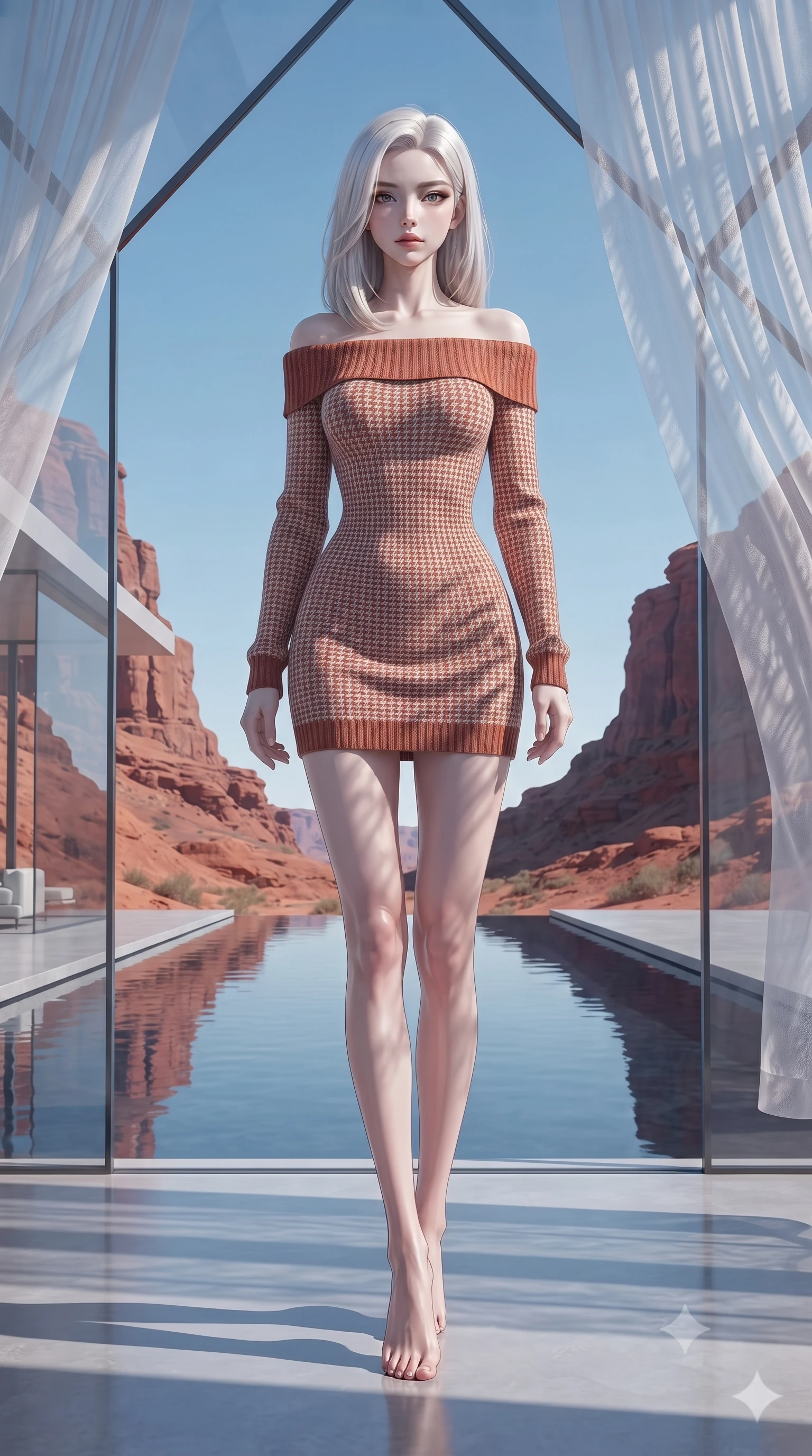 score_9, masterpiece, best quality, ultra-detailed, high-budget anime keyframe, editorial fashion photography, tasteful artistic composition, Korean woman. low angle full-body shot from head to toe showing her feet, filling the entire 9:16 vertical frame with her statuesque presence, stretching her vertical silhouette. floating with ethereal lightness within a minimalist glass house with sharp geometric angles set in a red rock desert landscape with an infinity reflecting pool that mirrors the cloudless sky and clean architectural lines cutting against natural rock formations. She has a statuesque 8.5-heads proportion, an exceptionally tall, slender and willowy model-like build with impossibly long legs and a highly sculpted ultra-slim waist. sharp v-shaped jawline, high-bridge nose, intricate jewel-like eyes with depth, thick eyelashes, glossy lips with a natural sheen. wearing an off-shoulder fitted sweater dress in a two-tone weave of terracotta and cream wool, conforming to her slender willowy silhouette. cold silver moonlight filtered through translucent gossamer curtains casting delicate shadows. 2k, ultra detail, master piece, 9:16 ratio