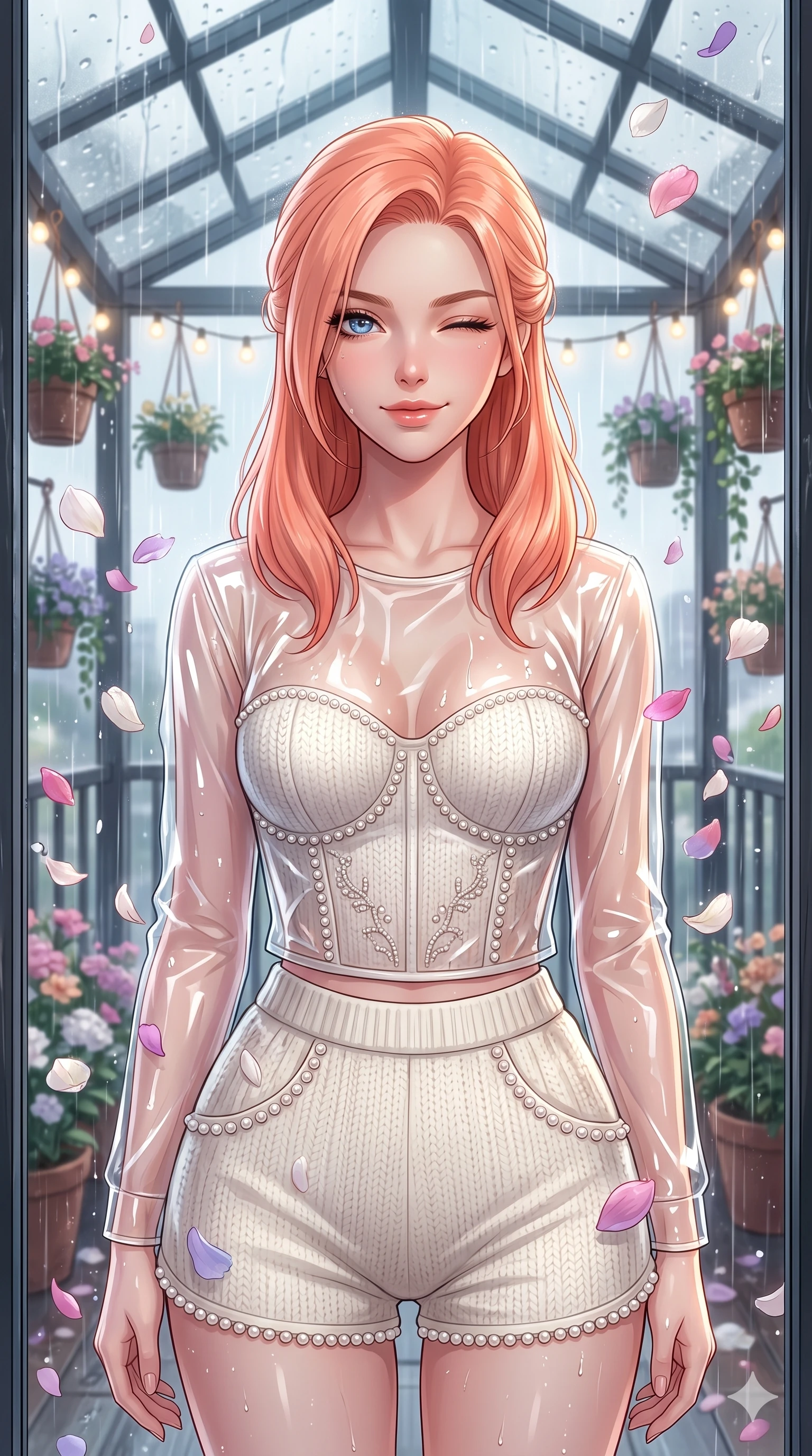 score_9, masterpiece, best quality, ultra-detailed, high-budget anime keyframe, vibrant anime aesthetic, Japanese woman. close-up cowboy shot from the waist and thighs up, the character dominates the composition, filling the frame with her large presence, background elements kept in soft focus. She is peering through a rain-streaked window, winking with a playful grin, gazing softly at the camera lens surrounded by delicate flower petals. the background shows a soft-focus glass-roofed balcony decorated with hanging flower pots and warm fairy lights, under a steady rainfall (Code-P22-188). She has an absolutely perfect proportion, an exceptionally elegant and slender female figure with an ultra-slim waist. V-shaped jawline, high-bridge nose, intricate jewel-like eyes with depth, thick eyelashes, glossy lips with a natural sheen. wearing a translucent patent-gloss top over a white textured knit structured bodice and knit shorts in ivory white and pearls. She is drenched in soft daylight filtering through rain-streaked glass panels, highlighting her V-shaped jawline under the glass dome roof. 2k, ultra detail, master piece, 9:16 ratio